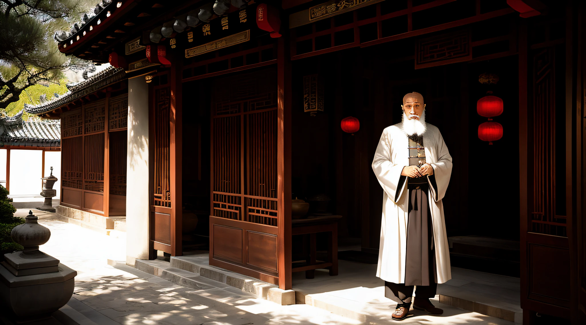 Acáis media, dark ambience, particles in air, sepia portrait of a very old and wise chinese monk, walking in chinese garden, open eyes, wide full body shot, [dressed in white], long hair and beard, detailed clothes features, grainy cinematic photography, old 35mm film, vintage, iconic shot, dramatic soft light, 18k ultra HD, intimate