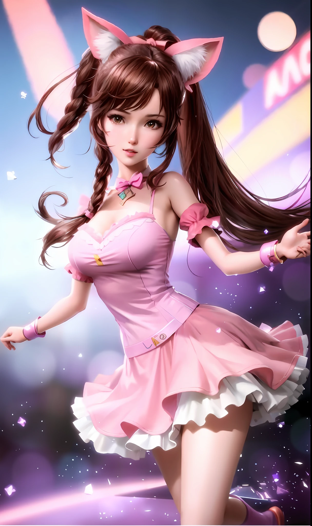 Anime girl wearing pink dress,There is a cat on the shoulder, render of a cute 3d anime girl, anime styled 3d, annie from league of legends, 3d anime girl, Smooth anime CG art, the anime girl is running, seraphine ahri kda, kawaii playful pose of a dancer, As a character in Tekken, D. VA from Overwatch
