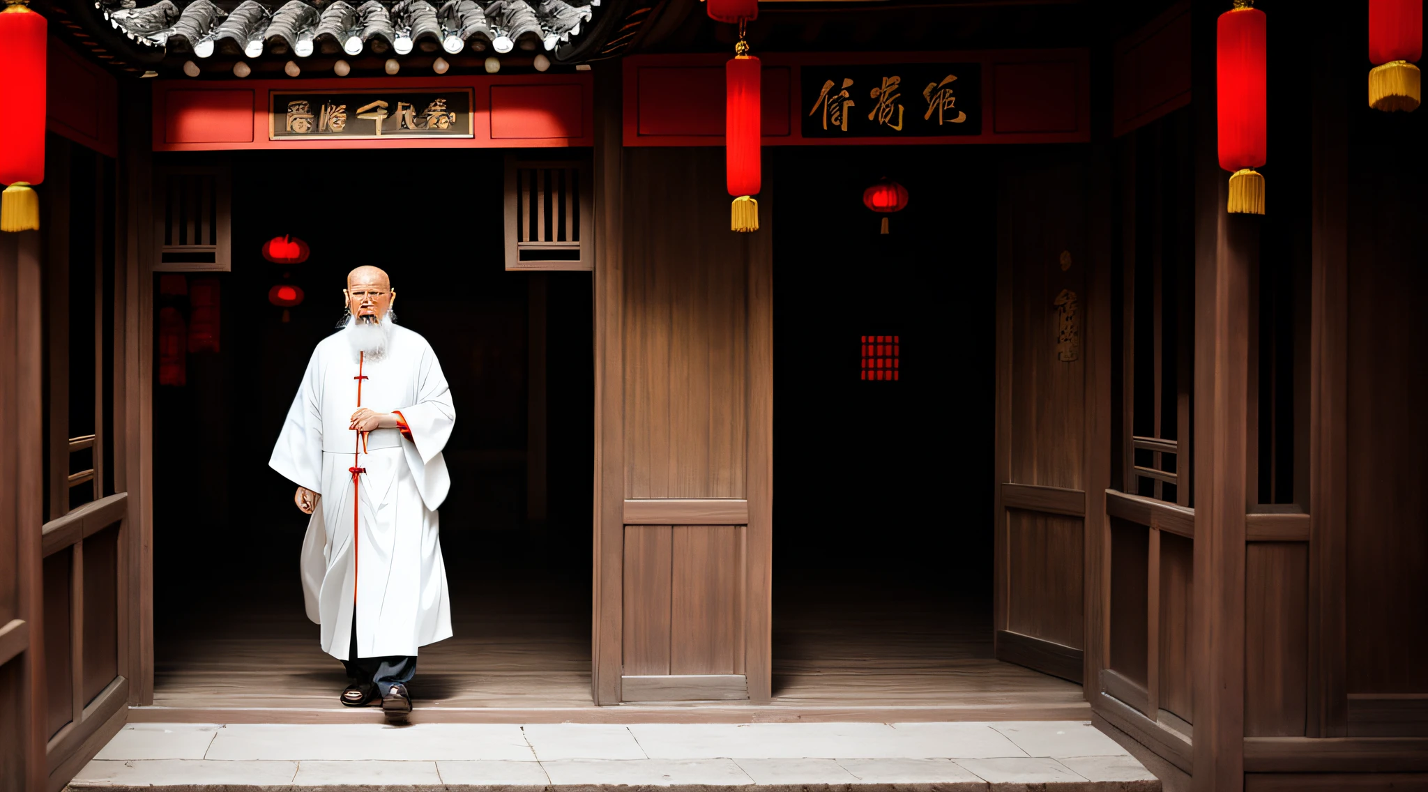Acáis media, dark ambience, particles in air, sepia portrait of a very old and wise chinese monk, walking in chinese garden, open eyes, wide full body shot, [dressed in white], long hair and beard, detailed clothes features, grainy cinematic photography, old 35mm film, vintage, iconic shot, dramatic soft light, 18k ultra HD, intimate