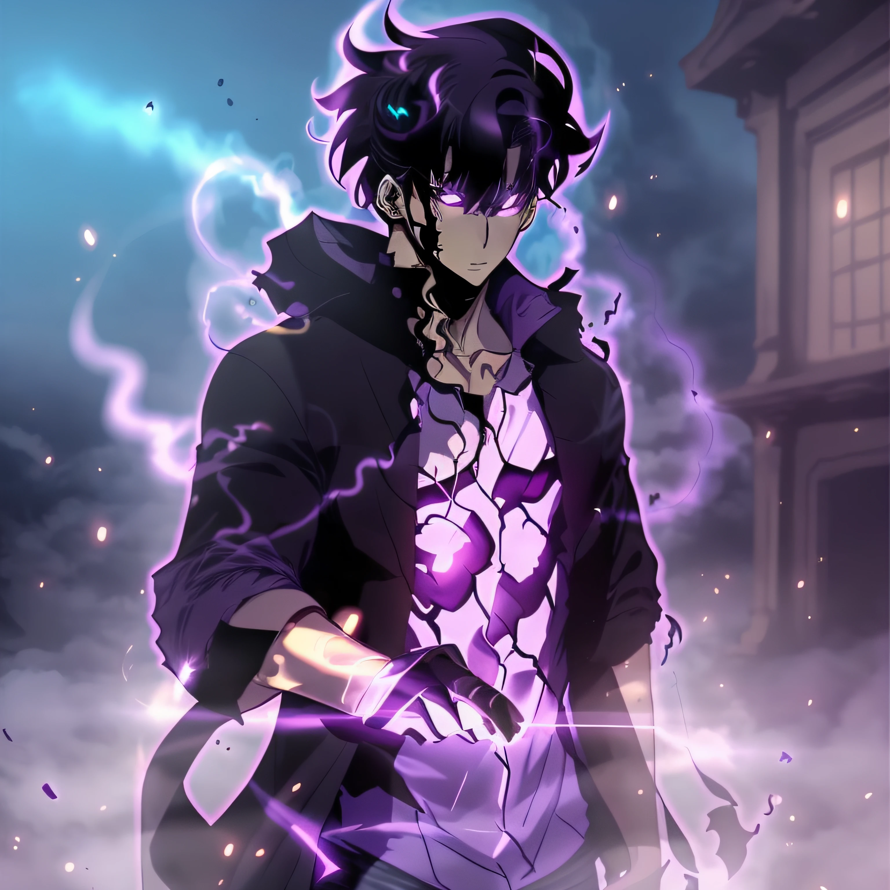 1girl,solo leveling, sung jinwoo,1man, highres,high quality,realistic, masterpiece,has a purple aura outside his clothes, wearing a black costume, black hair, angry ,badas, perfect fingers,face to face