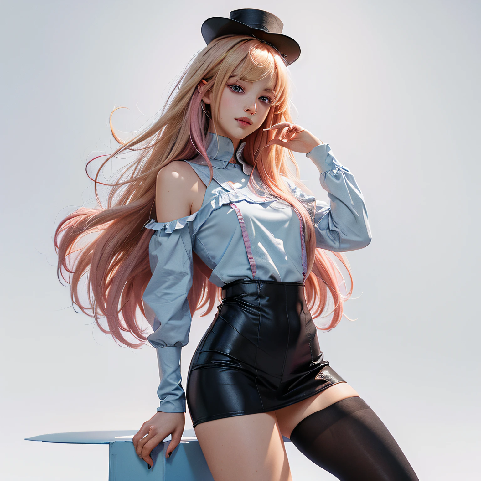 (masutepiece, of the highest quality, Best Quality), pixels, 1girl in, Full body, Hair color pink and blue, Bangs, Hairstyle, Long hair, Pink and blue eyes, magician costume, tights, Small top hat, Smile, Anime Girl, Wink, Painted Nails, Cute (Simple background, White background: 1.3), blonde hair, mole under eye, shy, Pixel art, Illustration, chiaroscuro, chiaroscuro, 4K, UHD, anatomically correct, textured skin, high details, super detail, high quality, highres, best quality, award winning --auto