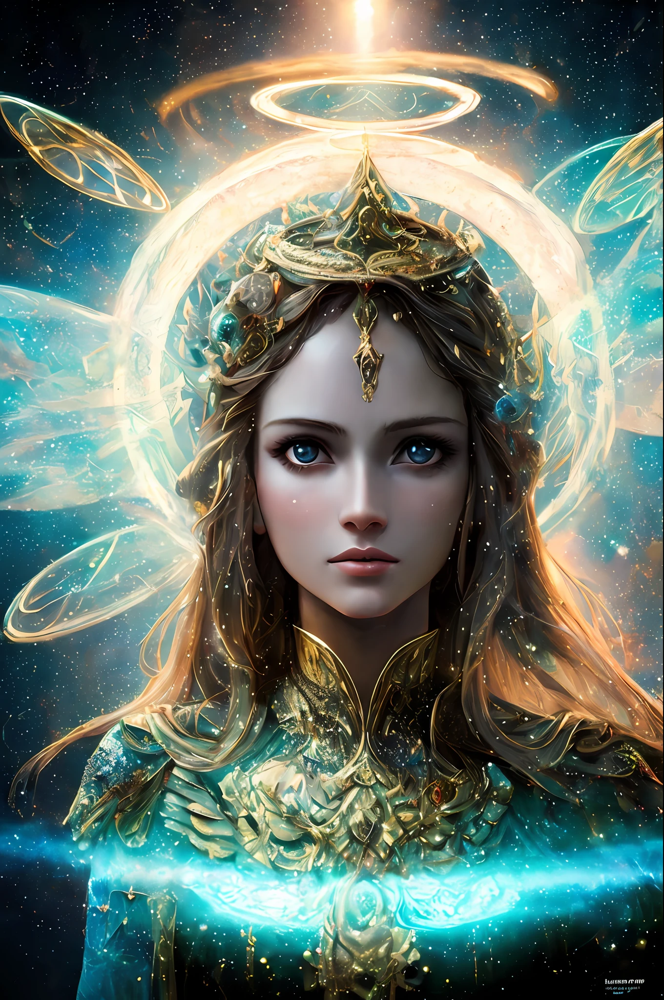 ((best quality)), ((masterpiece)), ((realistic)), portrait,
1girl, celestial, deity, goddess, light particles, halo, looking at viewer,
(bioluminescent:0.95), vibrant, colourful, color, (glowing, glow),
(beautiful composition), cinematic lighting, intricate, (symmetrical:0.5), whimsical,