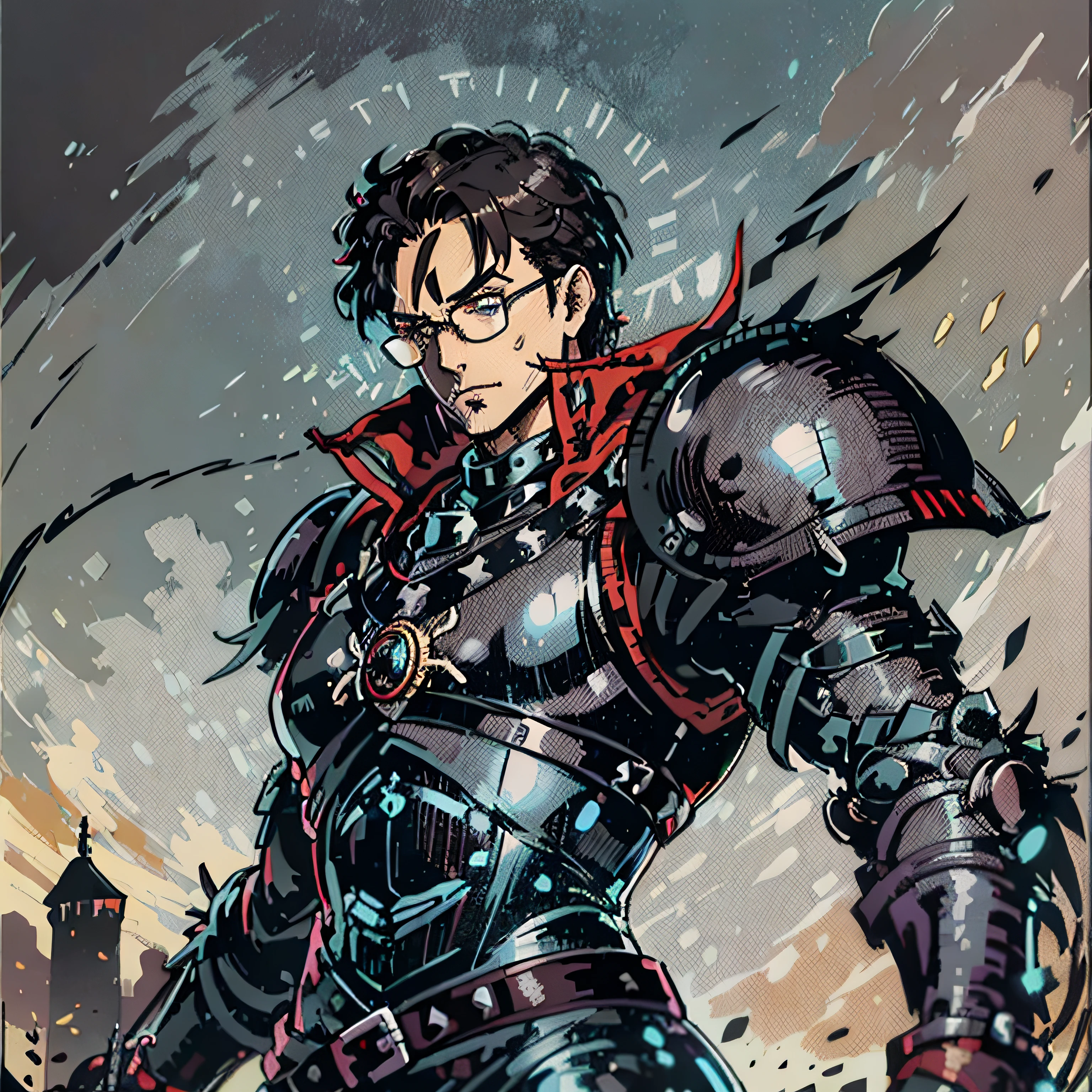 (short dark hair 40 years old man), (studded leather armor), action pose, rpg fantasy, using (rounded glasses), (no facial hair), (dark ambience), (using a whip), (castlevania), (full black armor color 1.2), (at middle night), (black eyes)