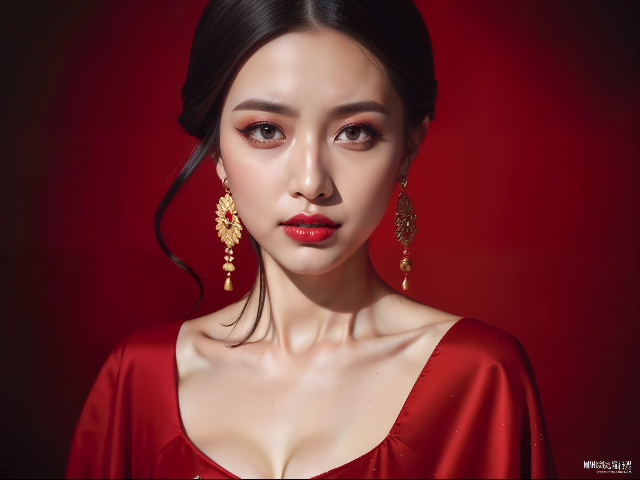 Mina Magazine,Chinese makeup,Single portrait,Portrait photography,portrait from waist up,fundo vermelho