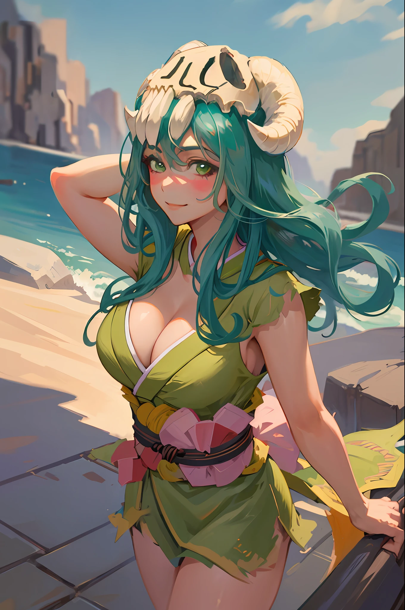(masterpiece, best quality: 1.2), cowboy shot, solo, 1girl, odelschwanck, expressionless, mouth shut, looking at the viewer, hand in own hair, green hair, skull, kimono, giant breasts, cleavage,smile