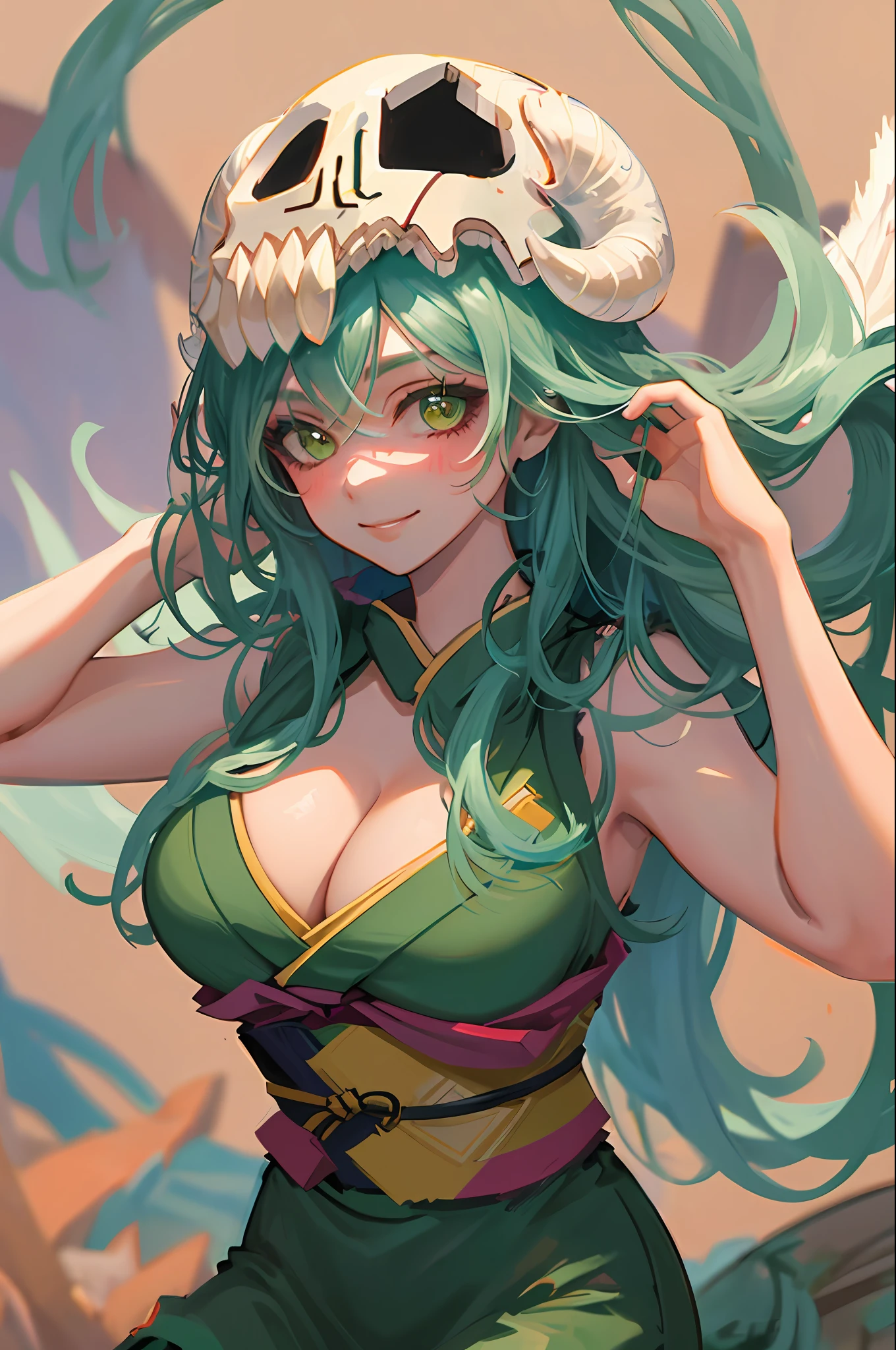 (masterpiece, best quality: 1.2), cowboy shot, solo, 1girl, odelschwanck, expressionless, mouth shut, looking at the viewer, hand in own hair, green hair, skull, kimono, giant breasts, cleavage,smile