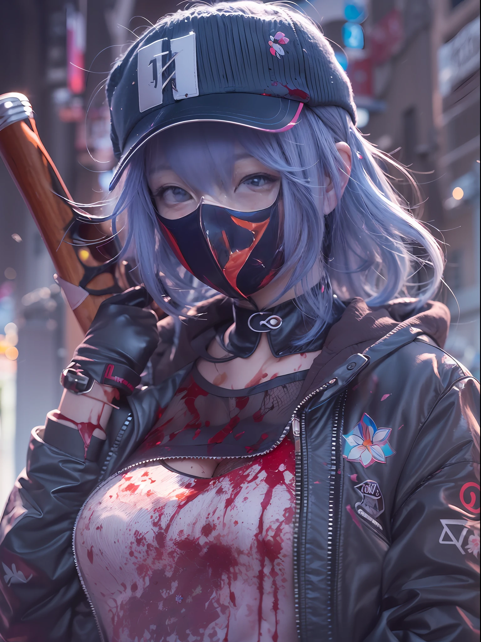 ((high detal, 4K, style of anime))，Cornflower's artwork，A teenage girl，（Cyber-style masks），（hitman），（With a baseball bat stained with blood），Wallpapers，No mouth。