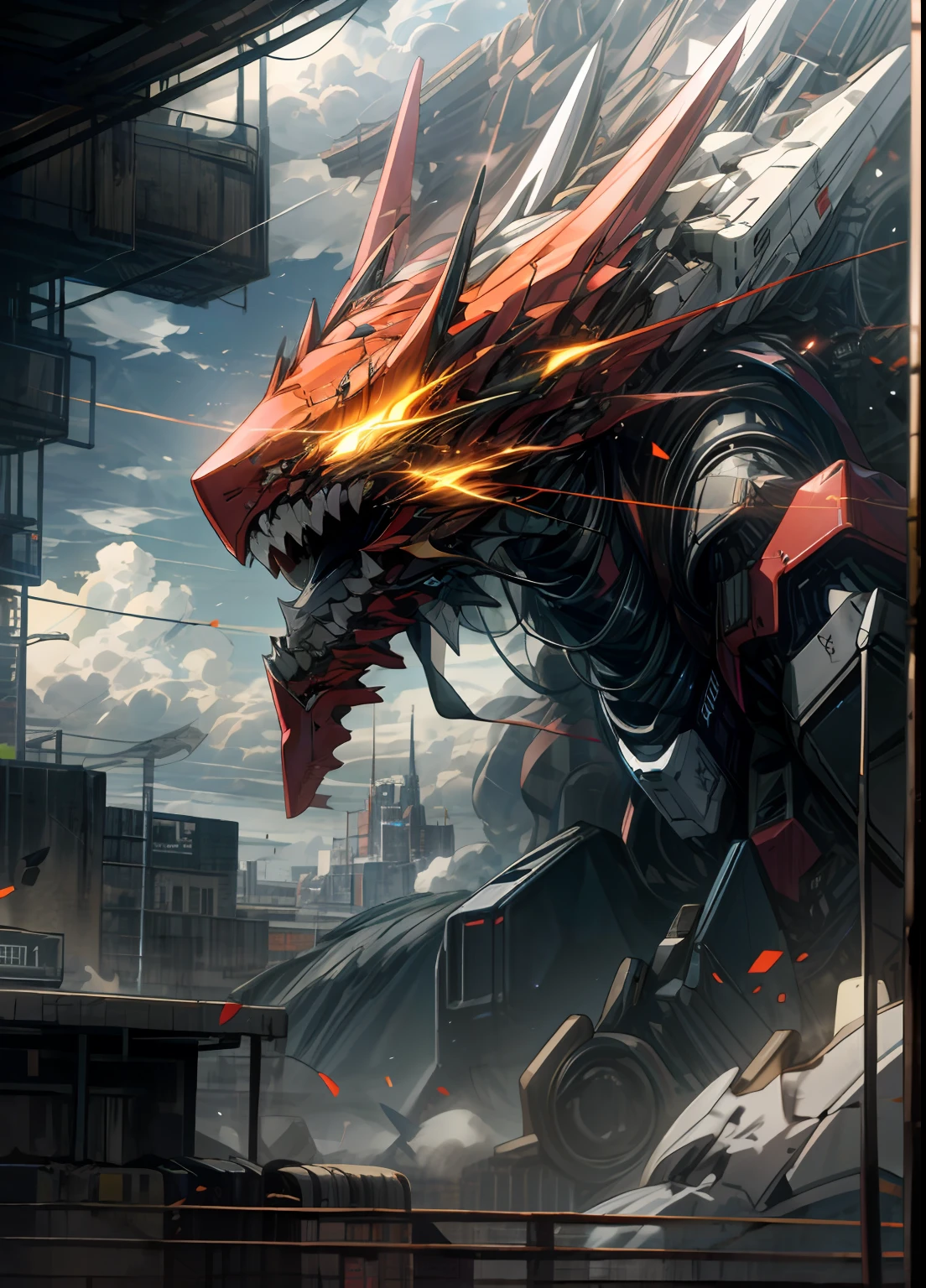 Sky, Clouds, holding_weapon, no_humans, Glow, Robot, Architecture, glowing_eyes, Mecha, Science Fiction, City, Reality, Mecha, Dragon