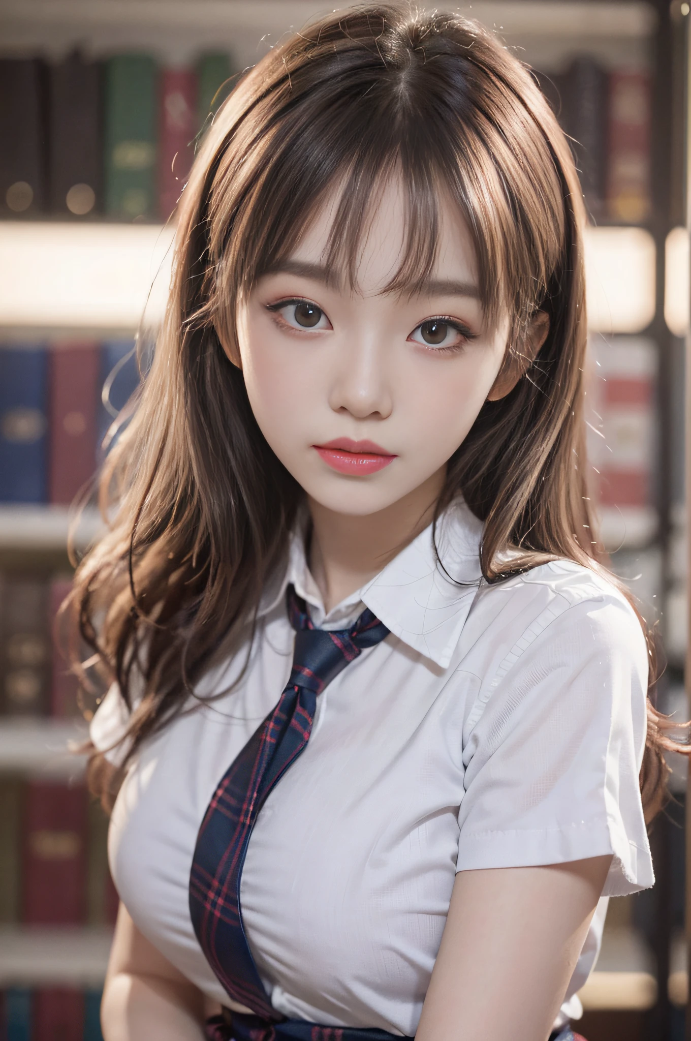 Top image quality、Raw photography、超A high resolution、Shot from the side、Gentle smile、16-year-old Korean、large full breasts、neck tie、bow ribbon、student clothes、Collared shirt、School uniform shirt、plaid skirts、fair white skin、shiny white skin、a short bob、bright silver hair、bright white hair、beautifully aligned bangs、beautidful eyes、Beautiful eyes with random colors、very thin lips、Beautiful Eyes of Details、elongated eyes、pale pink blush、long eyeslashes、beautiful double eyelid、eyeshadows、耳Nipple Ring、Night School、Library dimly lit at night、Stand next to a bookshelf