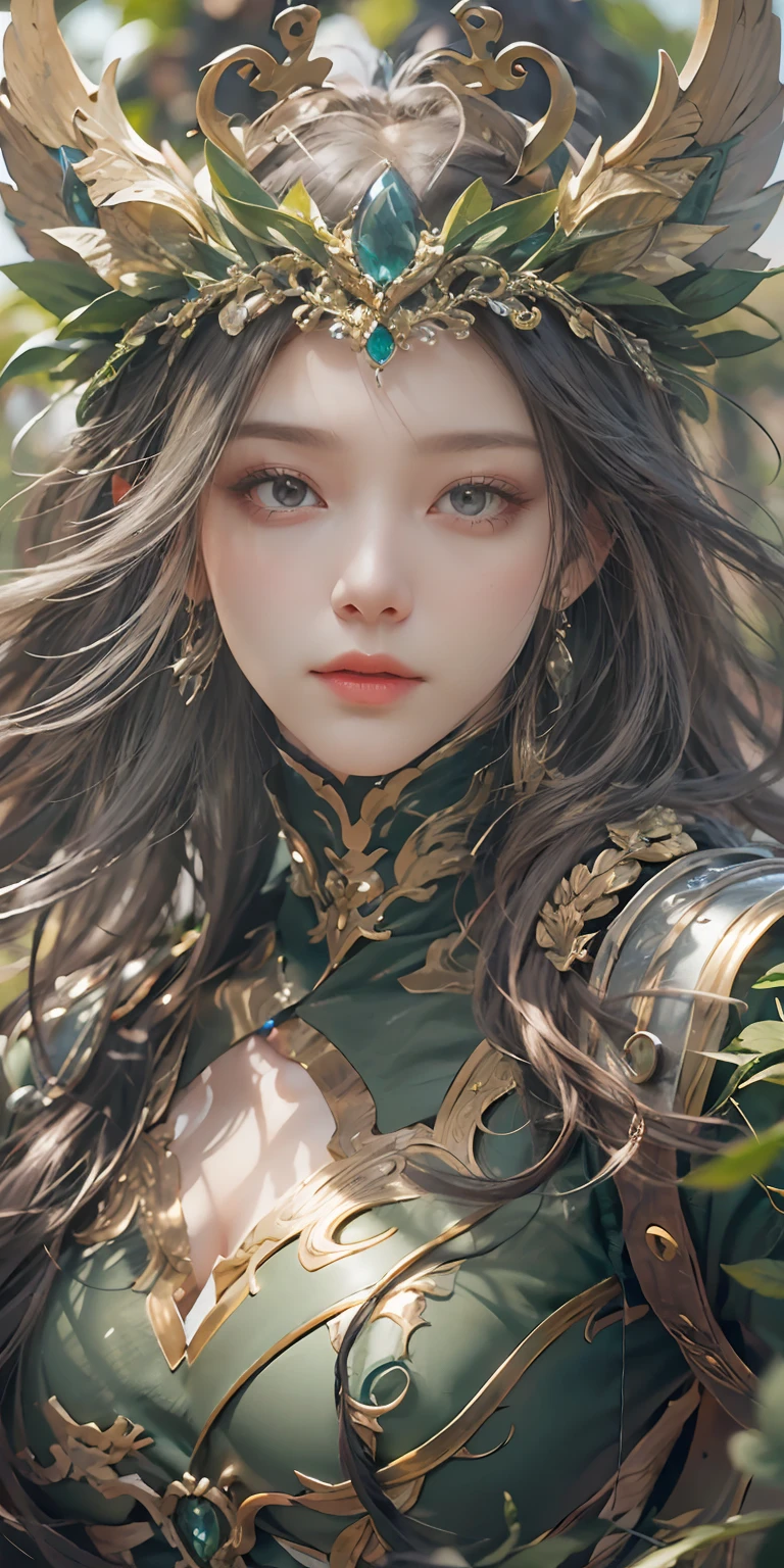(Close-up Shot Shot),Super close-up,A woman who is,Wearing a green dress,Cheng Weipan Art Station,Xiuxian sense of technology,Green vines,Gauze sleeves,detailed fantasy art,Stunning character art,Epic and refined character art,Beautiful armor,Extremely detailed artistic germination,Detailed digital anime art, Artgerm on the art station Pixiv,Armor Girl,Exquisite and intricate headwear and jewelry