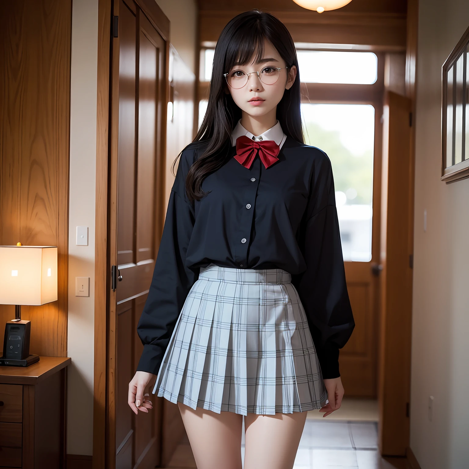 (8K、Raw photography、top-quality、masterpiece:1.2),full body Esbian,masterpiece,top-quality、超A high resolution,Raw photo,ren,Beautiful fece,One Person, 独奏,eye glass,,Dark look,Small breasts,fullllbody,Round glasses、cute little、A Japanese Lady,is standing,(Tight eyes,Bullish,skinny,Rasping,irate,small tits,flat breast)、(Photorealsitic:1.37)、Photon mapping,Light blue ribbon,Realistic、Cute little face,Brown-eyed、Black socks、Red bow tie、Radio City、Physically Based Rendering、Foreground、depth of fields、Blurry background、a picture,The girls、Body, Long legs, Thin leg, Bunting hair in front of the chest、(Bangs are visible), hair, s lips, Blue_The eye, nosesoft, Light blue shirt, Navy blue and blue and white plaid pleated skirt, Sheer clothing,, Thigh, Black cotton socks,Nogizaka Idol, 女優, Japanese ido