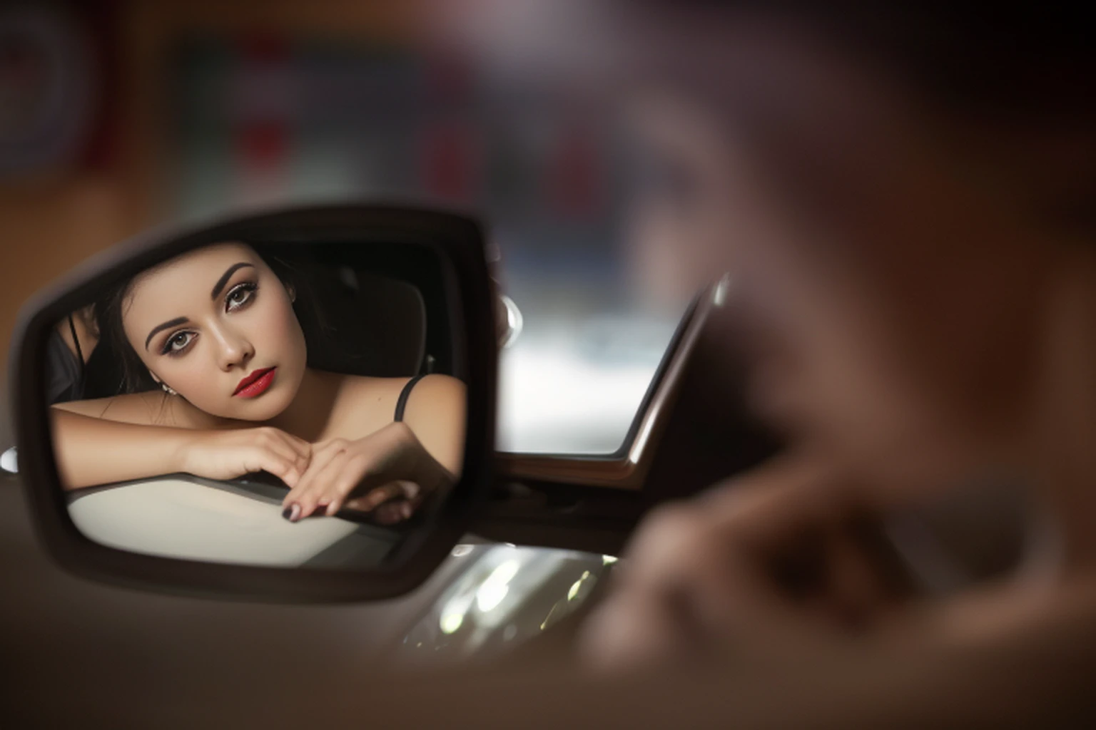 There was a woman looking in the mirror of a car, portrait shooting, looking in the mirror, view from behind mirror, close up portrait shot, looking in a mirror, in style of kar wai wong, high quality upload, looking in a mirror, close up portrait shot, sits in her car, Car portrait, looking in a mirror --auto