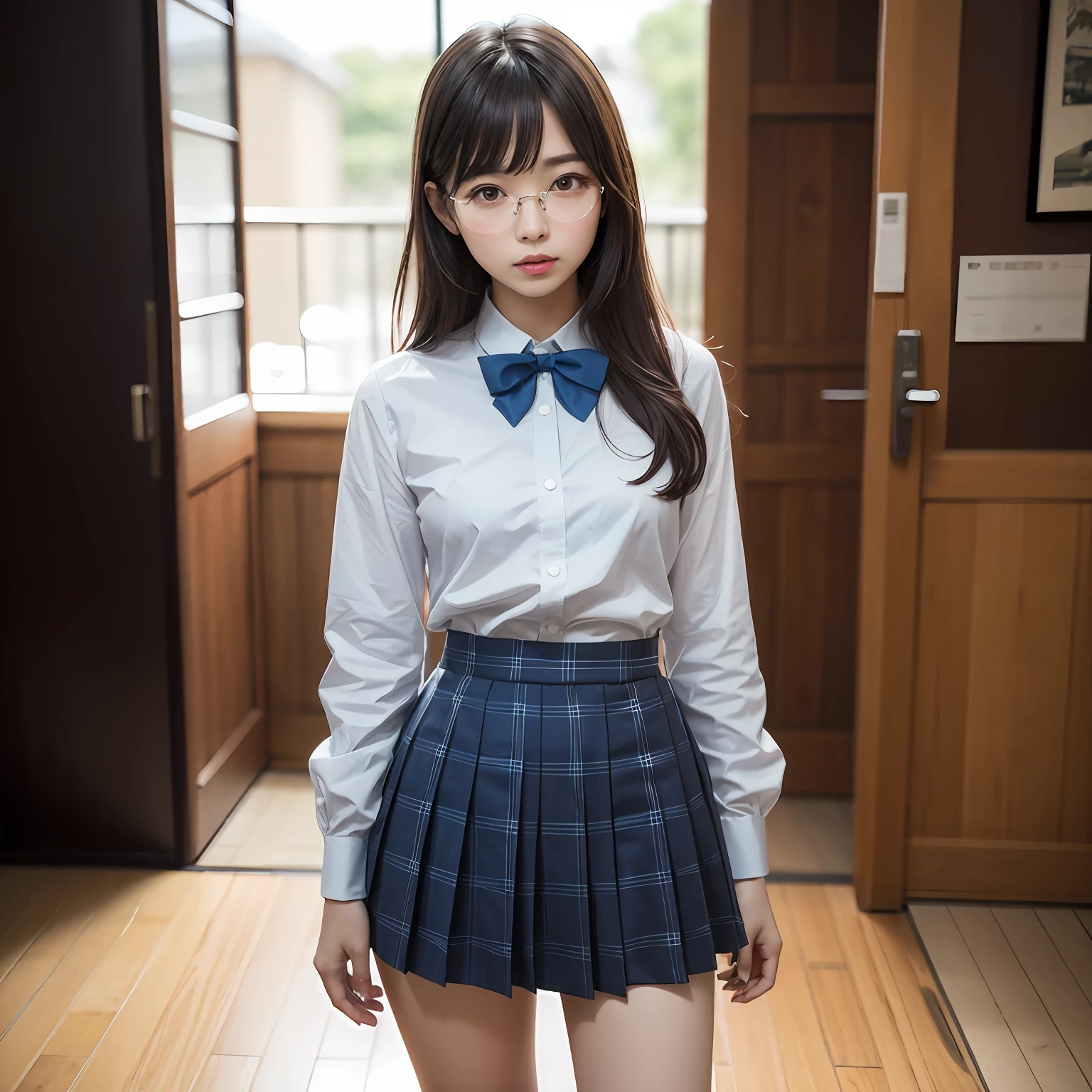 (8K、Raw photography、top-quality、masterpiece:1.2),full body Esbian,masterpiece,top-quality、超A high resolution,Raw photo,ren,Beautiful fece,One Person, 独奏,eye glass,,Dark look,Small breasts,fullllbody,Round glasses、cute little、A Japanese Lady,is standing,(Tight eyes,Bullish,skinny,Rasping,irate,small tits,flat breast)、(Photorealsitic:1.37)、Photon mapping,Light blue ribbon,Realistic、Cute little face,Brown-eyed、Black socks、Red bow tie、Radio City、Physically Based Rendering、Foreground、depth of fields、Blurry background、a picture,The girls、Body, Long legs, Thin leg, Bunting hair in front of the chest、(Bangs are visible), hair, s lips, Blue_The eye, nosesoft, Light blue shirt, Navy blue and blue and white plaid pleated skirt, Sheer clothing,, Thigh, Black cotton socks,Nogizaka Idol, 女優, Japanese ido