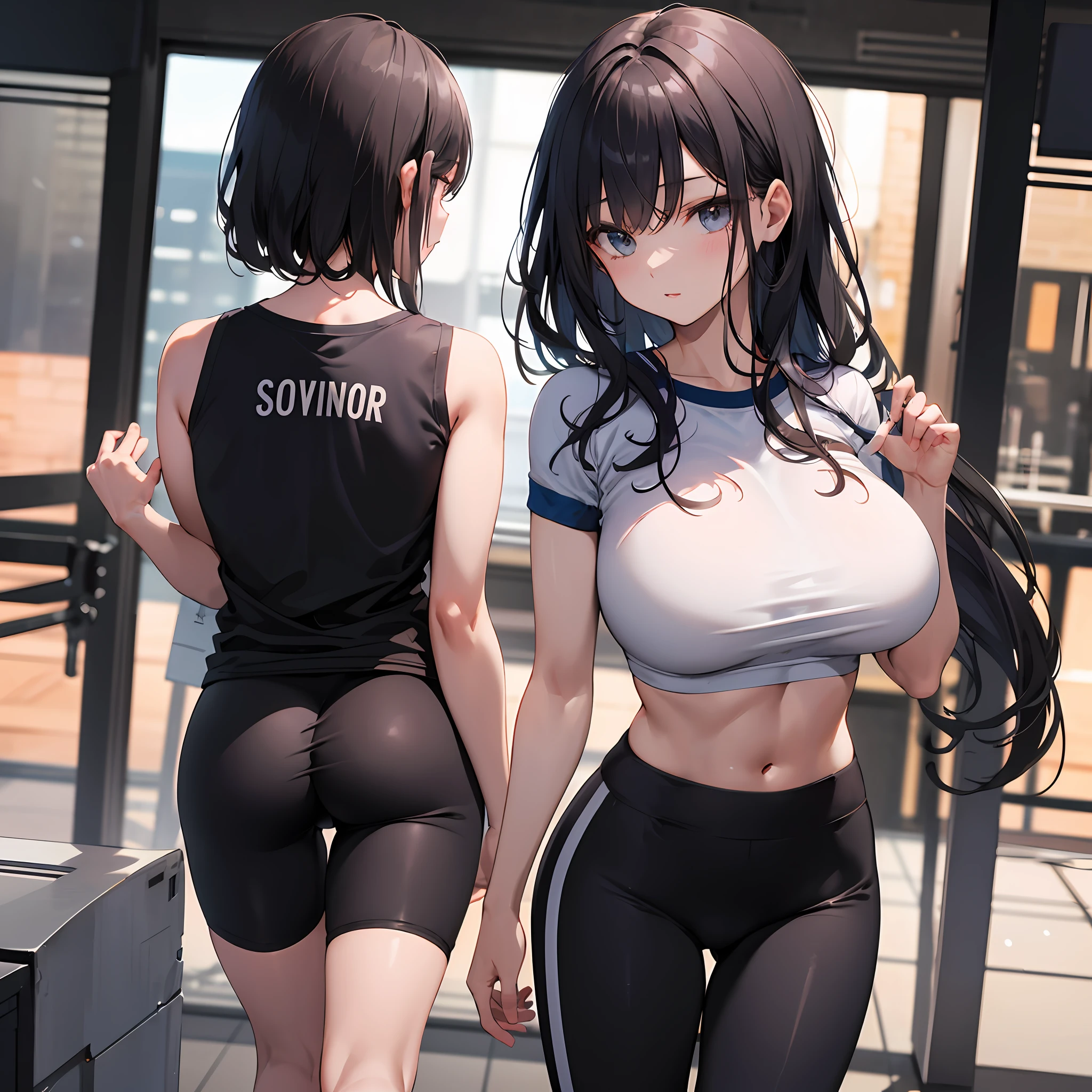 solo, gym, yoga pants, cameltoe, full body, slender abs, highly detailed face and skin texture, detailed eyes, large breast, sensual, black hair, wavy hair, cinematic lighting, depth of field, silhouette, reflection light, ray tracing, bokeh, Canon, cowgirl shot, 8k, award winning, best quality, super detail, anatomically correct, masterpiece, UHD