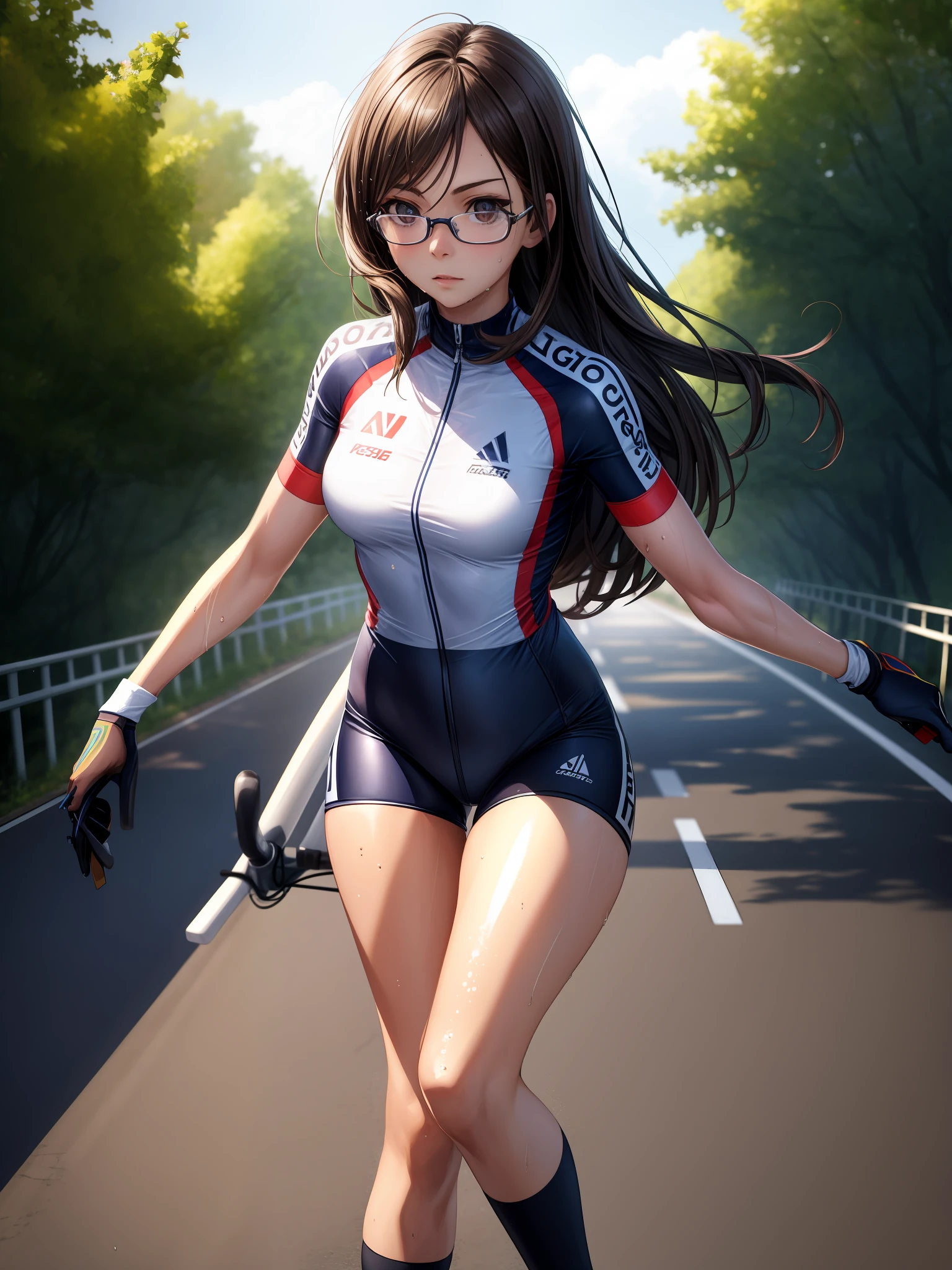 ,((masutepiece)),((High resolution)), Dramatic Lighting, Sharp Focus, 16k UHD,
Ultra-realistic illustrations,1beautiful girl,road bicycle race uniform,ride a bicycle race,age girl,bicycle symmetrical large eyes,small head,long hair,glasses,large breasts,narrow waist,wet skins sweat,nice legs,road bicycle race venue,Solo,dynamic shot