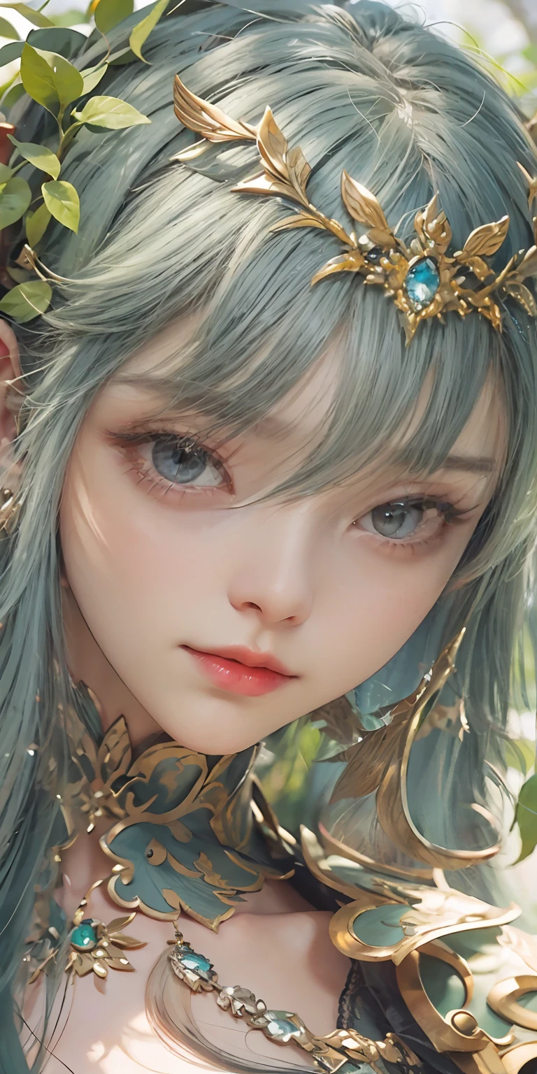 (Close-up Shot Shot),Super close-up,A woman who is,Wearing a green dress,Cheng Weipan Art Station,Xiuxian sense of technology,Green vines,Gauze sleeves,detailed fantasy art,Stunning character art,Epic and refined character art,Beautiful armor,Extremely detailed artistic germination,Detailed digital anime art, Artgerm on the art station Pixiv,Armor Girl,Exquisite and intricate headwear and jewelry