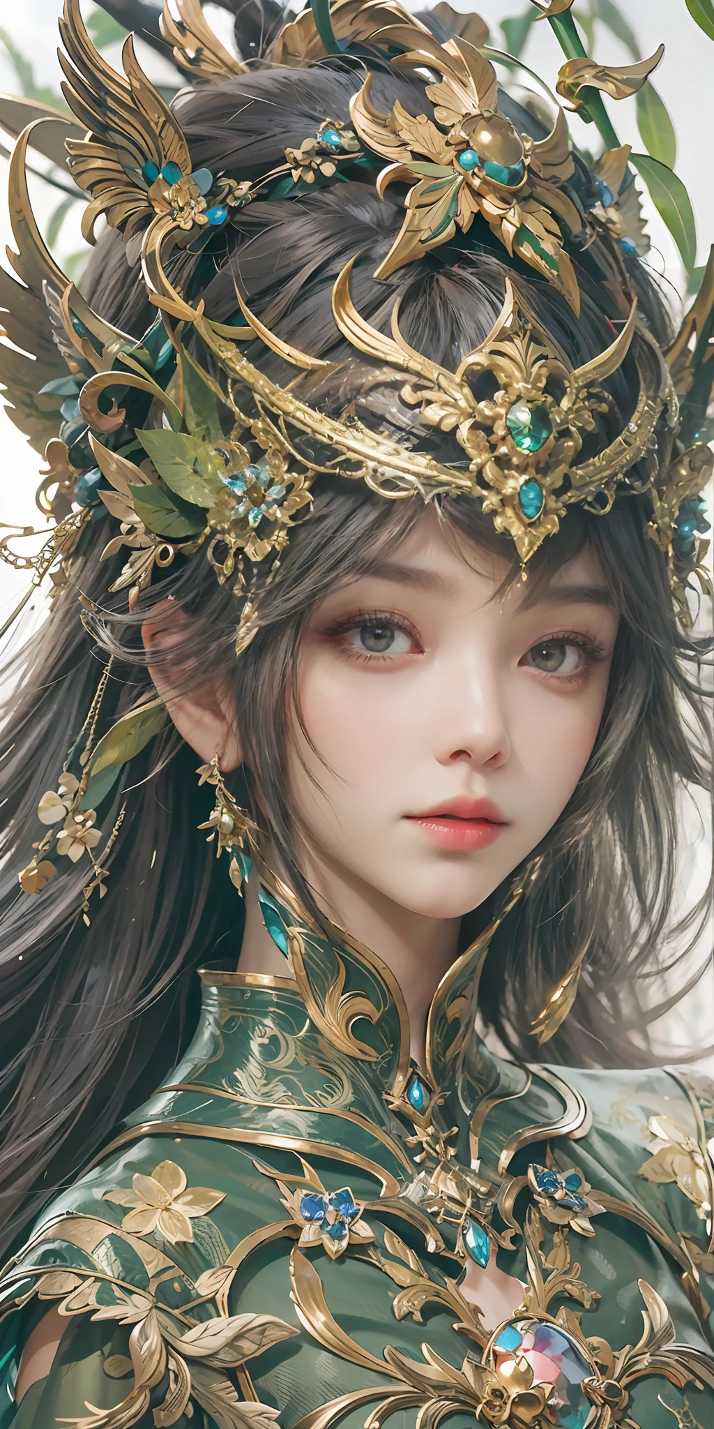 (Close-up Shot Shot),Super close-up，A woman who is，Wearing a green dress，Cheng Weipan Art Station，Xiuxian sense of technology，Green vines，Gauze sleeves，detailed fantasy art，Stunning character art，Epic and refined character art，Beautiful armor，Extremely detailed artistic germination，Detailed digital anime art, Artgerm on the art station Pixiv，Armor Girl，Exquisite and intricate headwear and jewelry