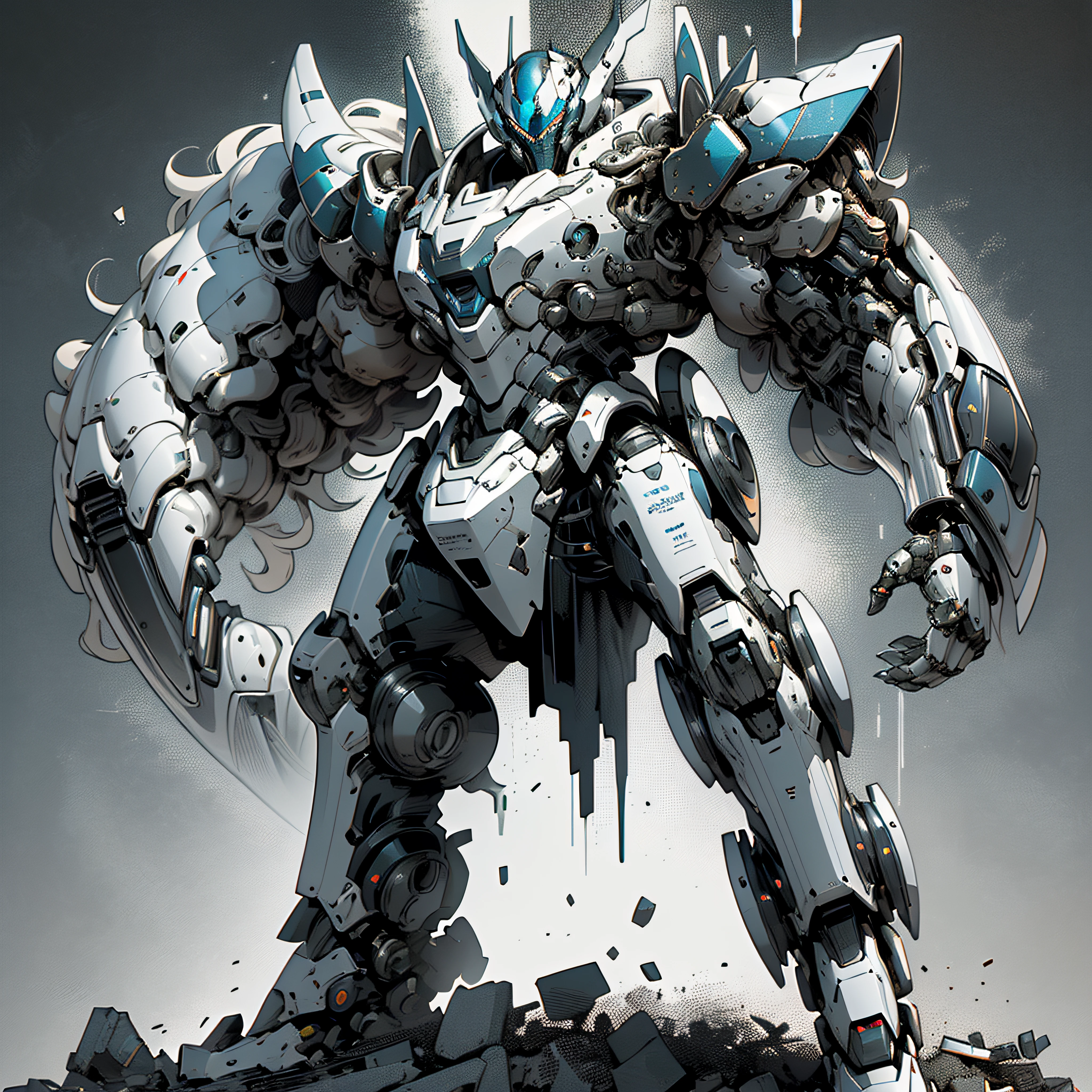 "1 female character inside a massive, robust silver chrome exoskeleton robot, adorned in (bulky) silver (chrome) and black armor, creating a powerful mecha aesthetic. The artwork features an emphasis on ink-style detailing, clean lines, negative space utilization, high contrast, and a captivating gradient color scheme."