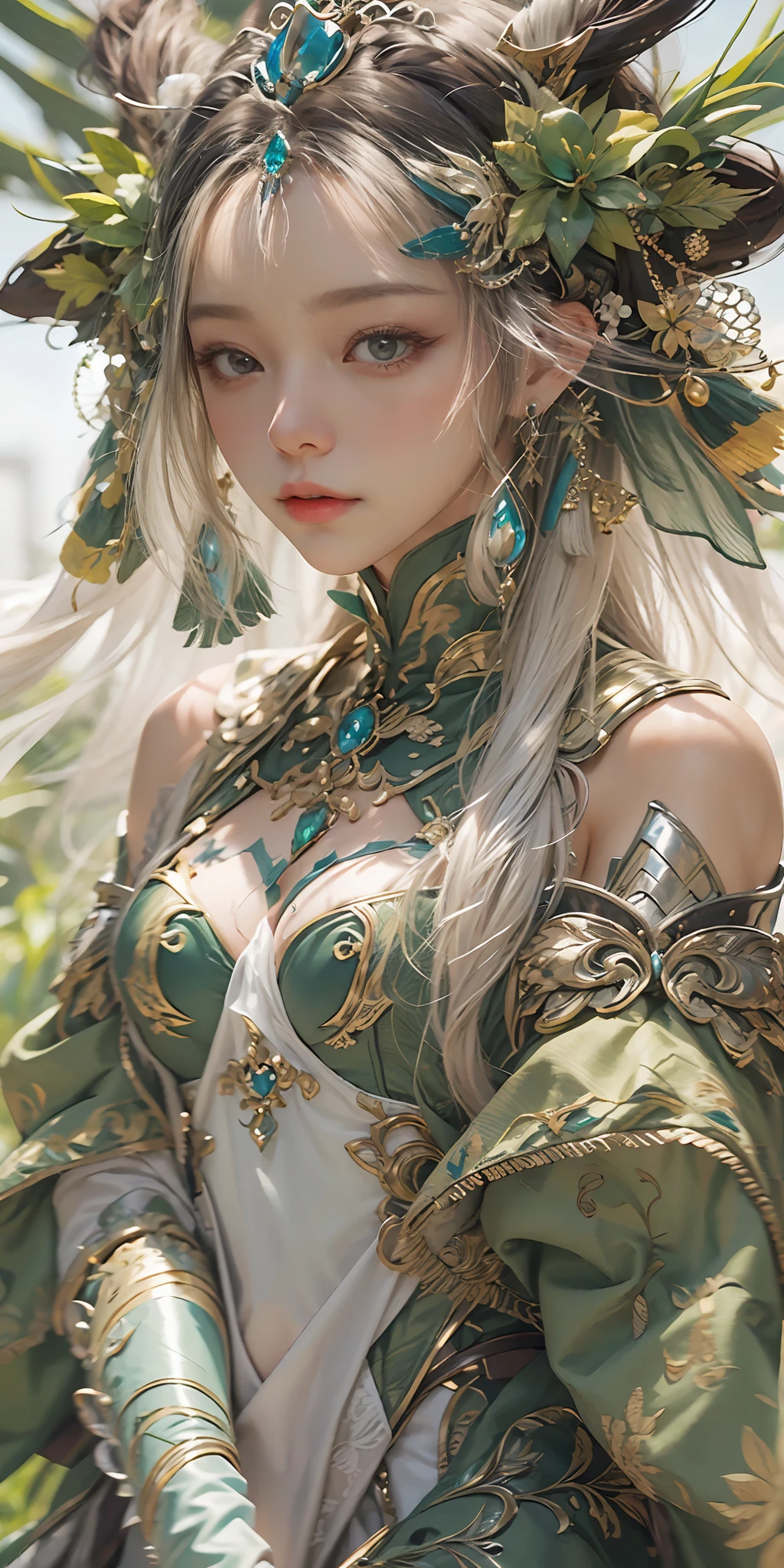 (Close-up Shot Shot),Super close-up，A woman who is，Wearing a green dress，Cheng Weipan Art Station，Xiuxian sense of technology，Green vines，Gauze sleeves，detailed fantasy art，Stunning character art，Epic and refined character art，Beautiful armor，Extremely detailed artistic germination，Detailed digital anime art, Artgerm on the art station Pixiv，Armor Girl，Exquisite and intricate headwear and jewelry