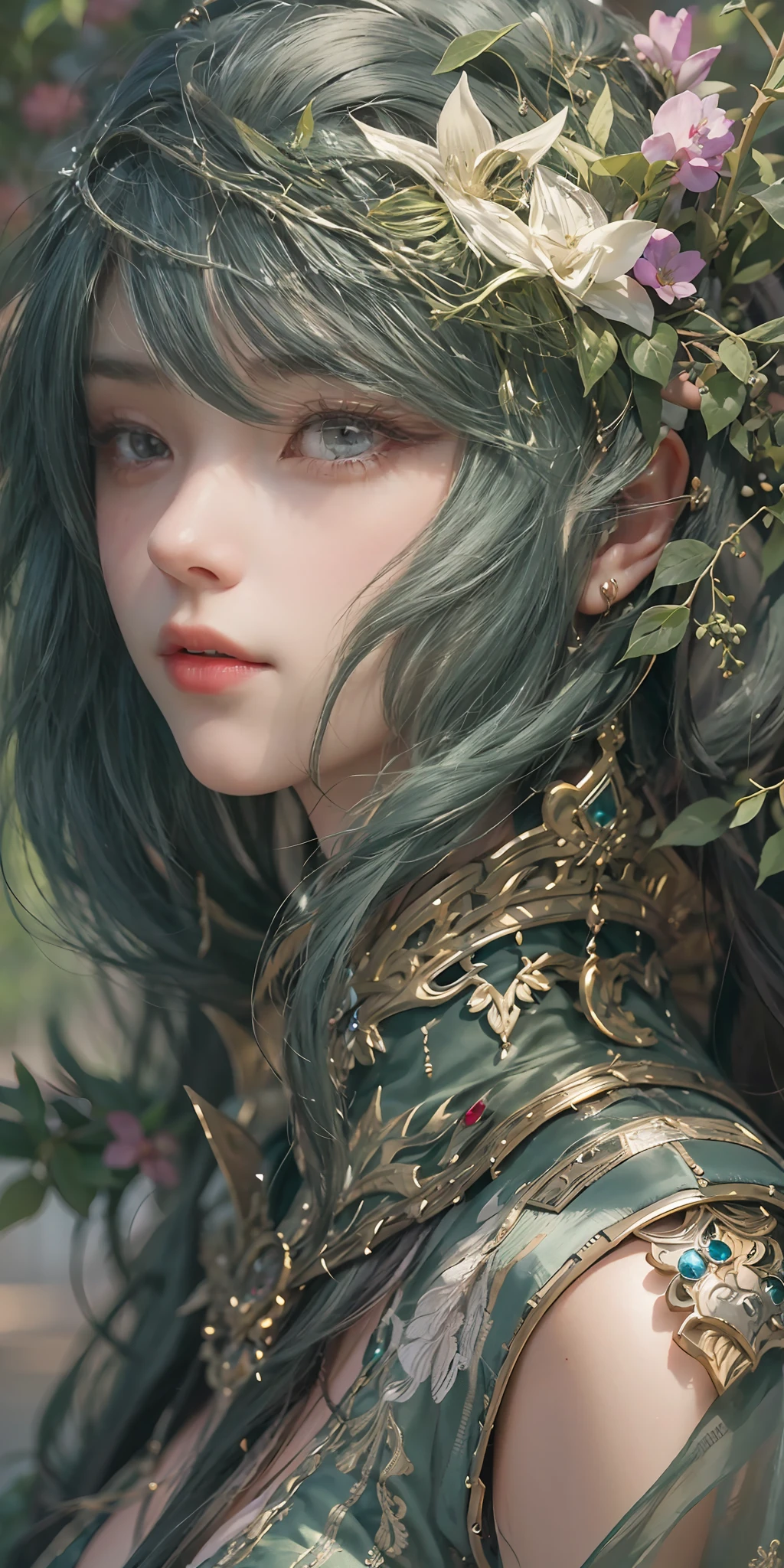 (Close-up Shot Shot),Super close-up，A woman who is，Wearing a green dress，Cheng Weipan Art Station，Xiuxian sense of technology，Green vines，Gauze sleeves，detailed fantasy art，Stunning character art，Epic and refined character art，Beautiful armor，Extremely detailed artistic germination，Detailed digital anime art, Artgerm on the art station Pixiv，Armor Girl，Exquisite and intricate headwear and jewelry