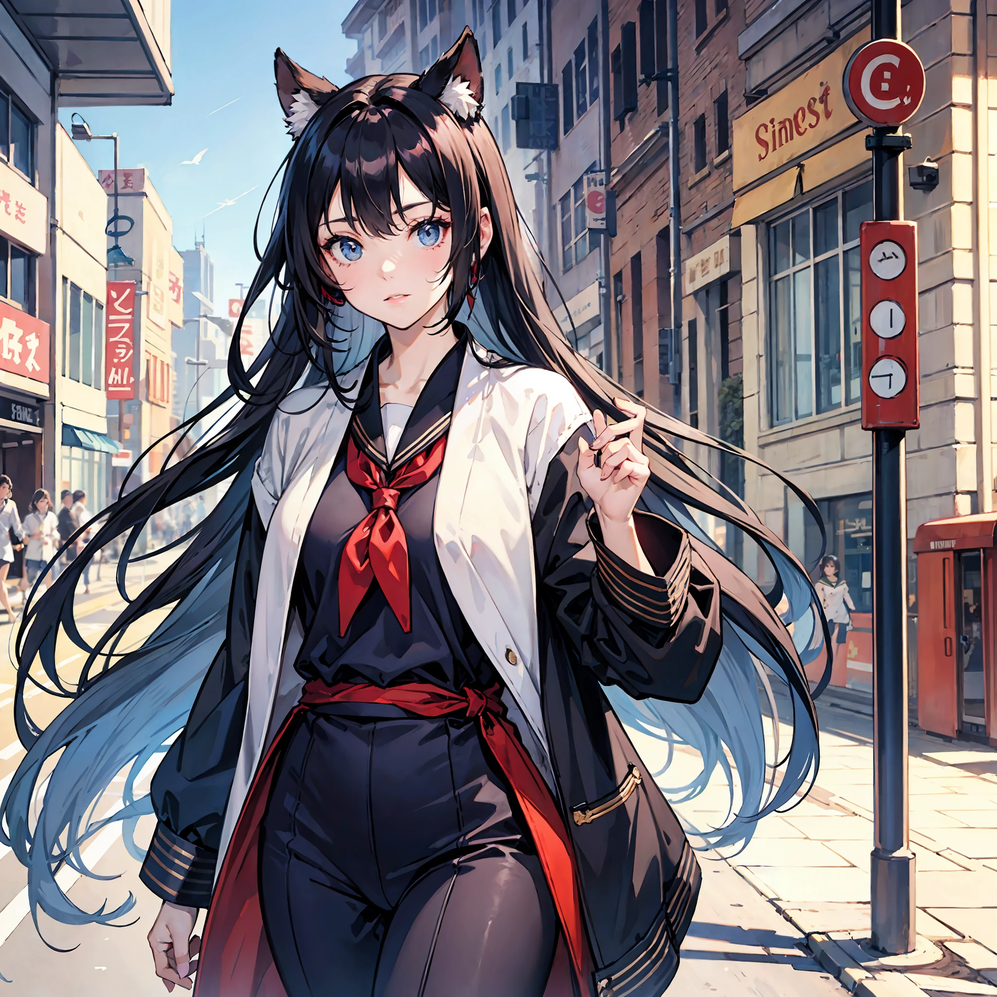 Real Beautiful Girl Semi Long Sailor Suit Hair Over the Ears In the City --auto