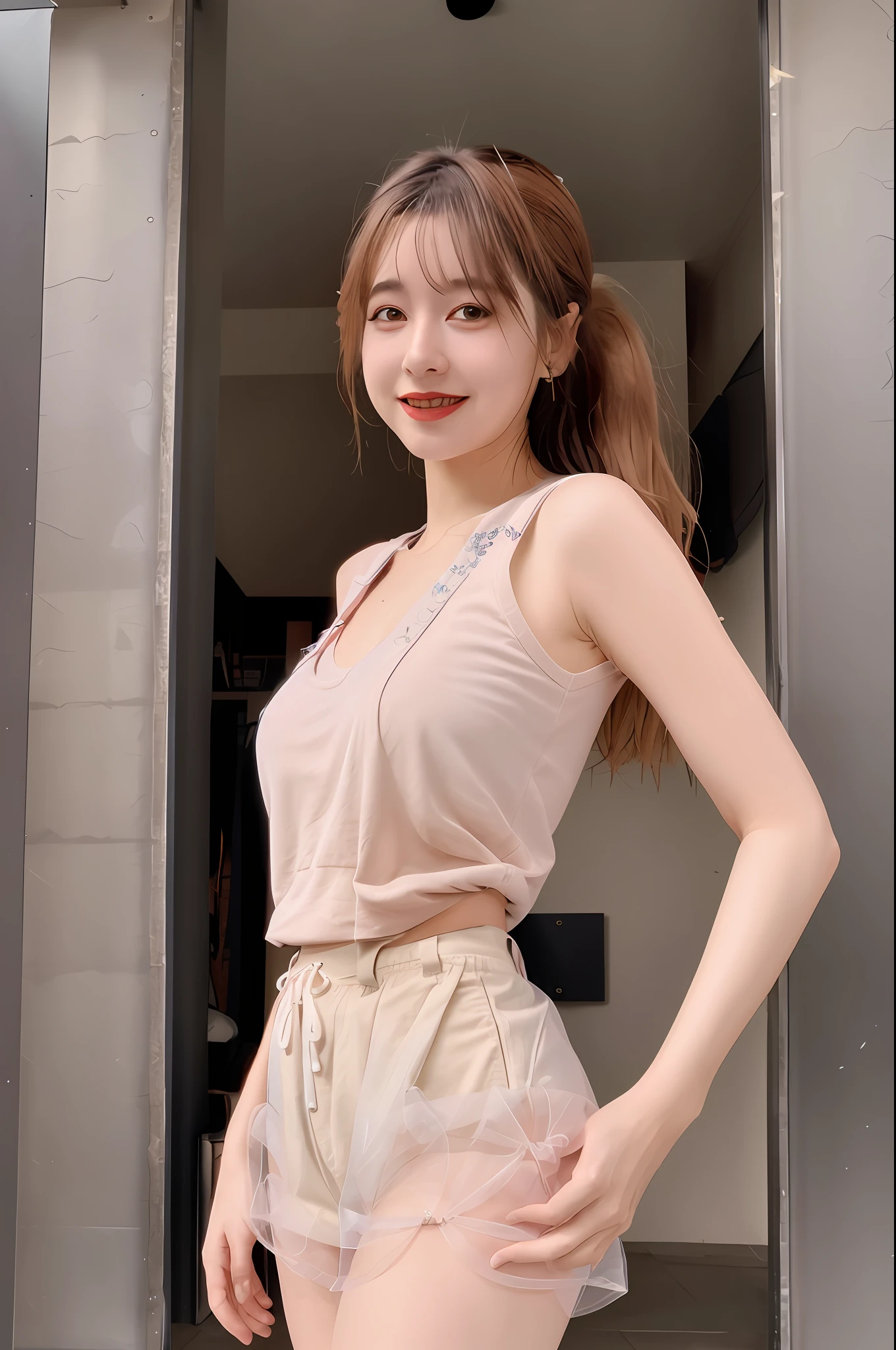 masutepiece: 1.2, Best Quality), Realism, (Real Photographics, Rich Detail Detail, depth of fields), (1 girl, Solo), makeup, high detailing, Perfect face shape, (: 1.4), (dent in the skin), thick thighs, Wide buttock, Thin Waist Line, high, coral, Red lips, Red Eyes, Ponytail (Girls, transparent tulle), (Sweat: 1.2), (Wet), Sexy, blush, (shy expression), suspenders, Tank Tops, Short skirts, Shorts, yoga pant, tight short skirt, Tight shorts, Stockings, Fishnet Socks, pajamas, pleatedskirt, skirt by the, hip skirt,