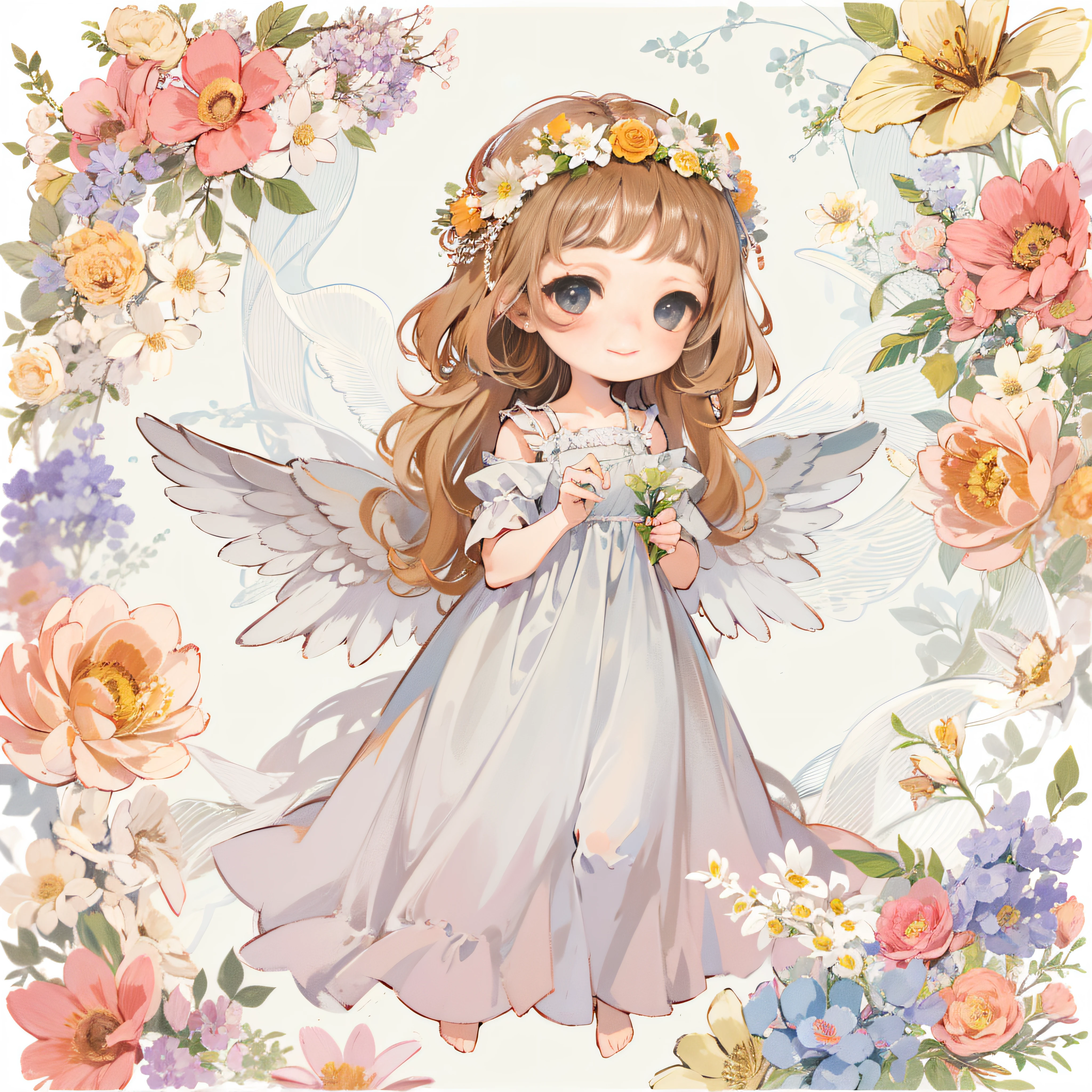 Little Angel, estilo chibi, With angel wings, Gentle smile, holding a flower, Vintage Long Dresses、colorfull dress, Isolated on plain white background, Show full body