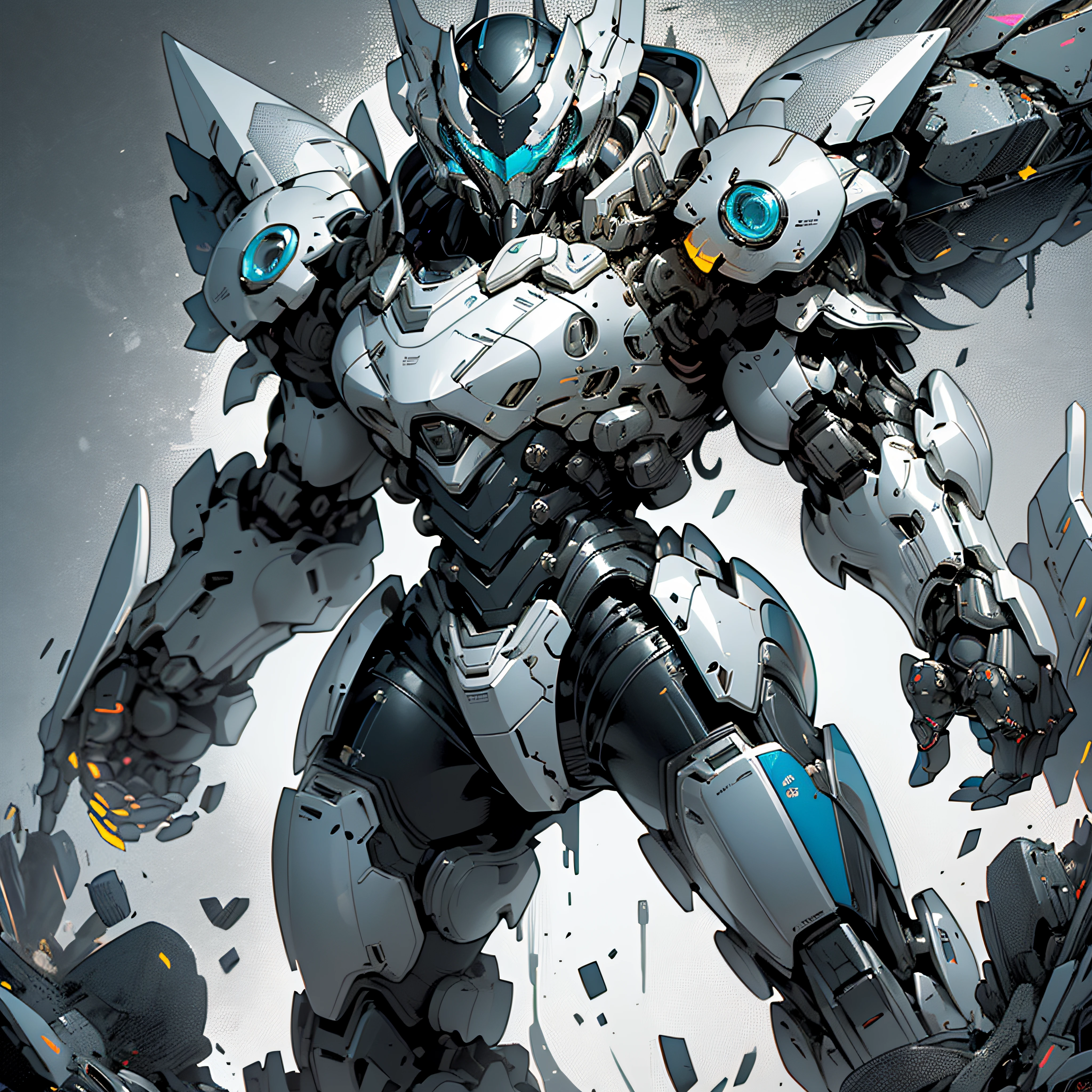 "1 female character inside a massive, robust silver chrome exoskeleton robot, adorned in (bulky) silver (chrome) and black armor, creating a powerful mecha aesthetic. The artwork features an emphasis on ink-style detailing, clean lines, negative space utilization, high contrast, and a captivating gradient color scheme."