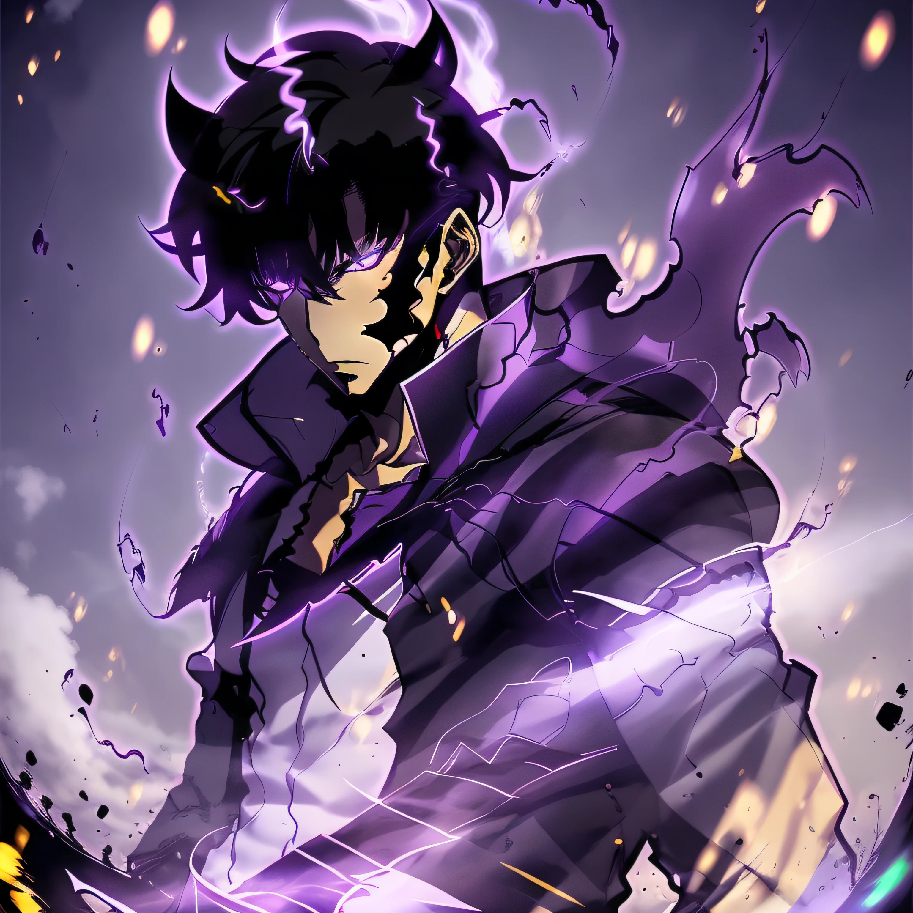 1girl,solo leveling, sung jinwoo,1man, highres,high quality,realistic, masterpiece,has a purple aura outside his clothes, wearing a black costume, black hair, angry ,badas, perfect fingers,face to face