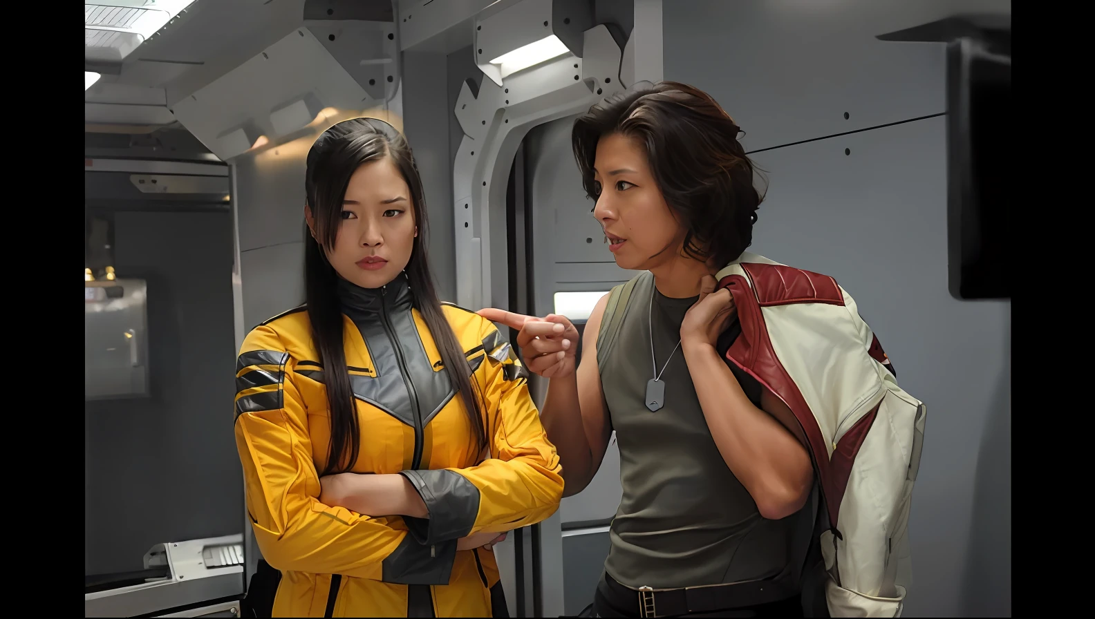 Two women in yellow jackets standing next to each other on a train, Akira and bumblebees, live action movie scene, still from live action movie, 19xx :2 Akira film style : 8, Science fiction movie stills, japanese live action movie, star trek asian woman, movie still of the alien girl, fiona staples and kinu nishimura