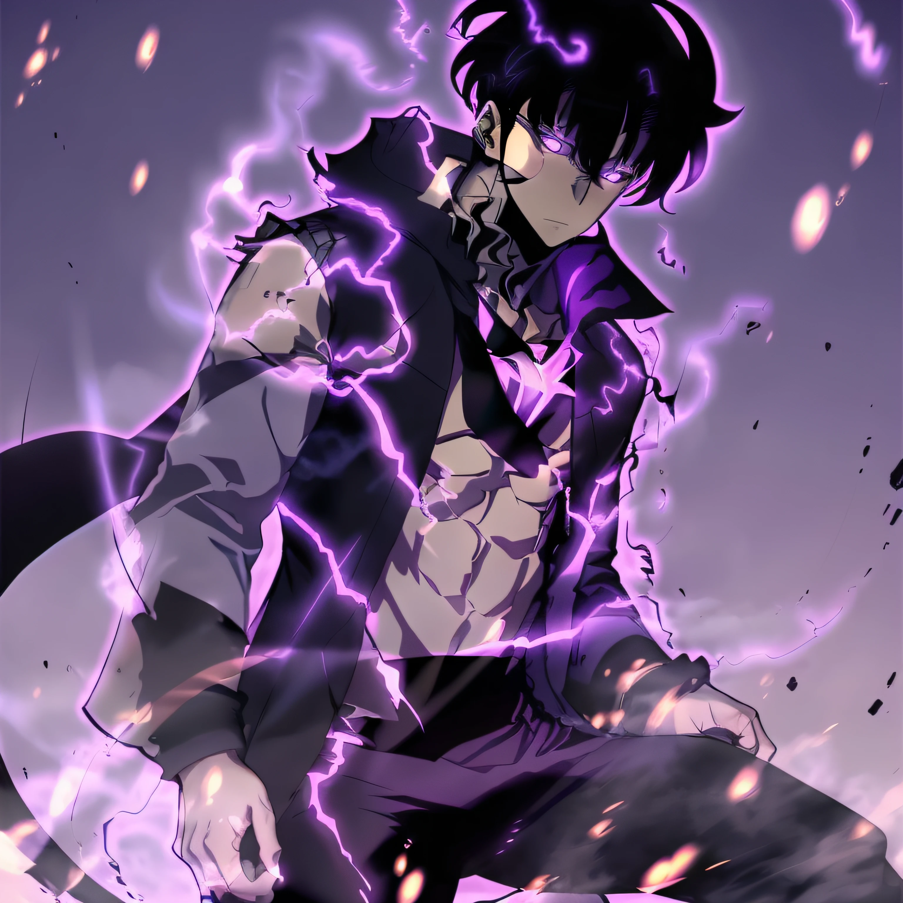 1girl,solo leveling, sung jinwoo,1man, highres,high quality,realistic, masterpiece,has a purple aura outside his clothes, wearing a black costume, black hair, angry ,badas, perfect fingers,face to face