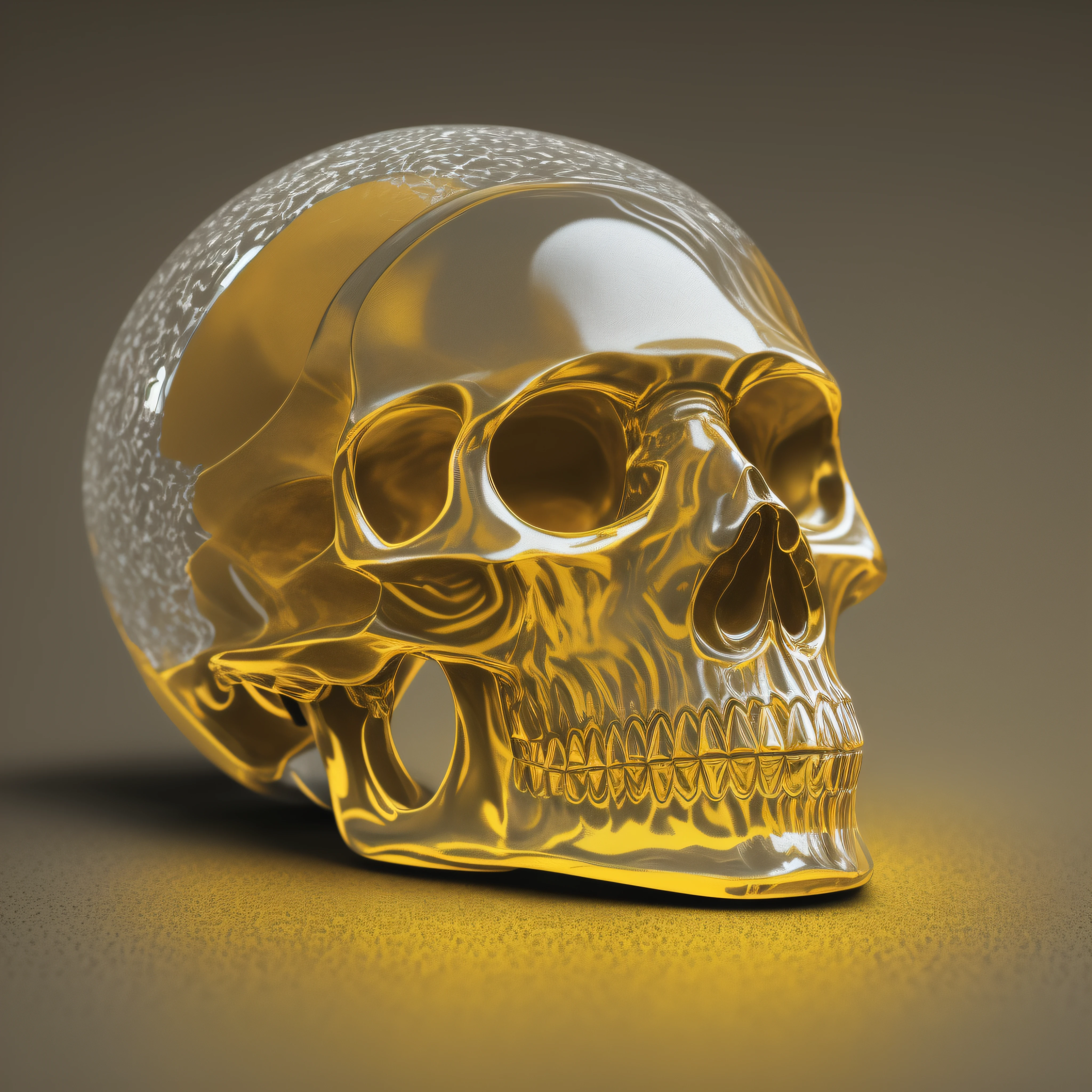 Generate an image of a hyper realistic and detailed crystal skull, with precise reflections and transparencies. The skull should have a smooth, Translucent finish, como vidro polido. Detalhes como rachaduras, Imperfections and texture of the crystal should be visible. Lighting should be used to highlight the contours of the skull and create subtle reflections. The image must have a minimum resolution of 500 DPI to ensure a clear reproduction of the details. Use a high resolution, como 500 DPI (pontos por polegada) ou maior. This will ensure that each element of the image is rendered clearly and sharply, allowing the reproduction of minute details. Texturing: Pay special attention to the texture of the objects or surfaces present in the image. Use advanced texturing techniques to faithfully represent the specific characteristics of each element, como pelos de animais, skin wrinkles or roughness of a surface. Shading and lighting: Apply realistic shading and lighting to create depth and scaling in the image. Use fictional light sources to add realism to objects and characters, considerando os efeitos de luz e sombra em diferentes partes da imagem. detalhes finos: Foque em capturar os detalhes mais sutis, as small facial expression lines, texturas de pele, detalhes de folhagem ou pelo de animais. Use hyper-realistic drawing techniques to convey these small elements that make a difference in image perception. Cores e tons: Pay attention to the accurate reproduction of the colors and tones of the image. Use a rich and varied color spectrum to ensure a faithful representation of the elements present in the scene. Also consider the relationship of colors and contrasts to create a sense of realistic depth.