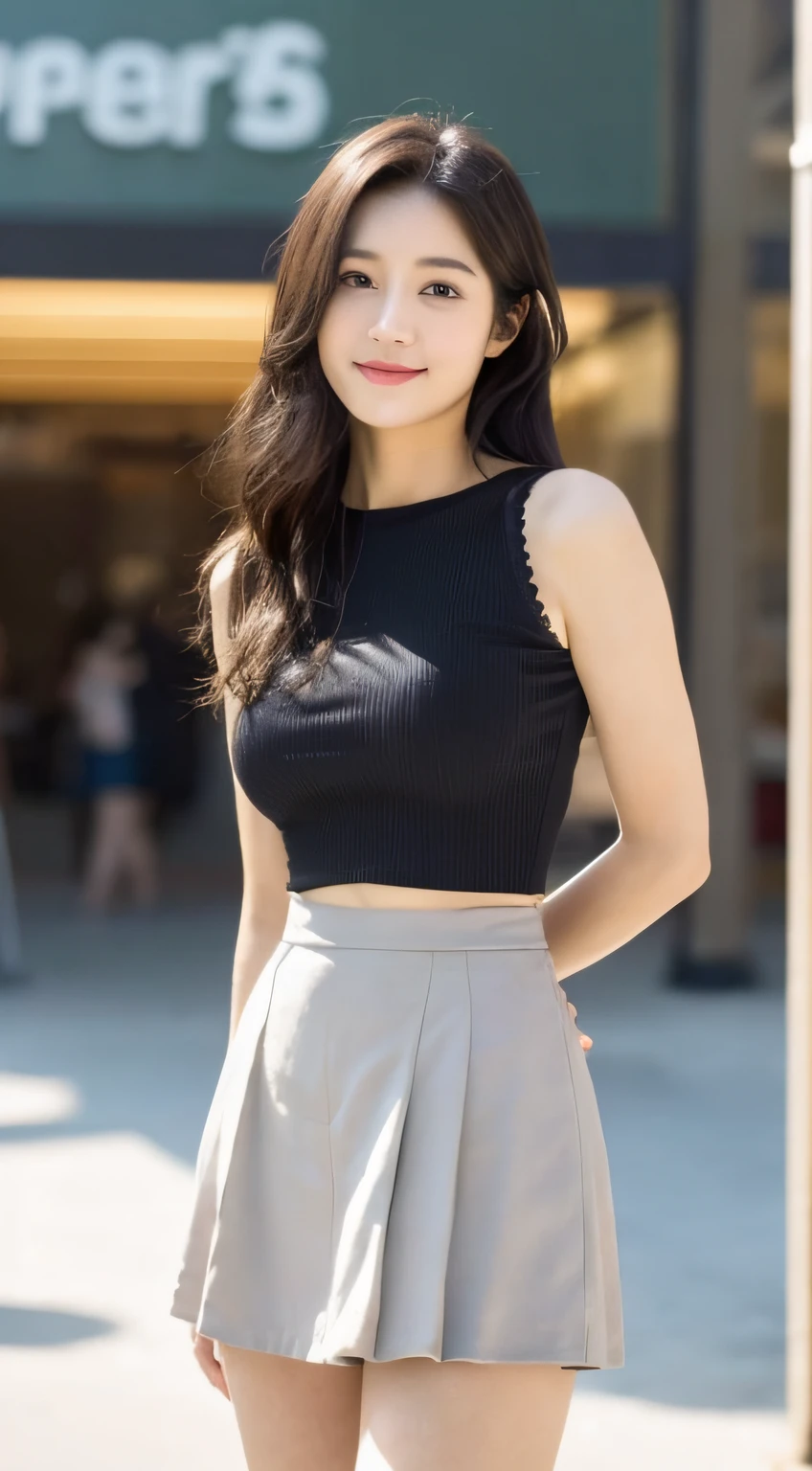 A girl of about 45 years old,simplicity,Extremely beautiful and delicate,(light make-up),Black color hair,A sweet smile,Delicate and beautiful fair skin,Realistic and realistic,exquisite and complete facial features,Detailed depiction of the face,tall nose bridge,Red lips,Beautiful, gentle and beautiful girl,Smooth hair,extremely detail hair,Feminine temperament,Fill your face light,hyper realisitc,photorealestic,8K quality,extremy detailed,Realistic details,Works of masters,Realistic to the extreme,big breasts body,Beautiful,Pure desire,Stunning beauty,Peerless beauty,Highest image quality,8K分辨率,goddes,ssmile,Fine facial features,Hair over the shoulder,A brown-haired,Large long thick legs,(((High-waisted French top))),(((short skirt))),rays of sunshine,facing at camera,The body is well-proportioned and firm,Gentle eyes,Exposing thighs,stand posture,Stand inside the mall,Full body photo