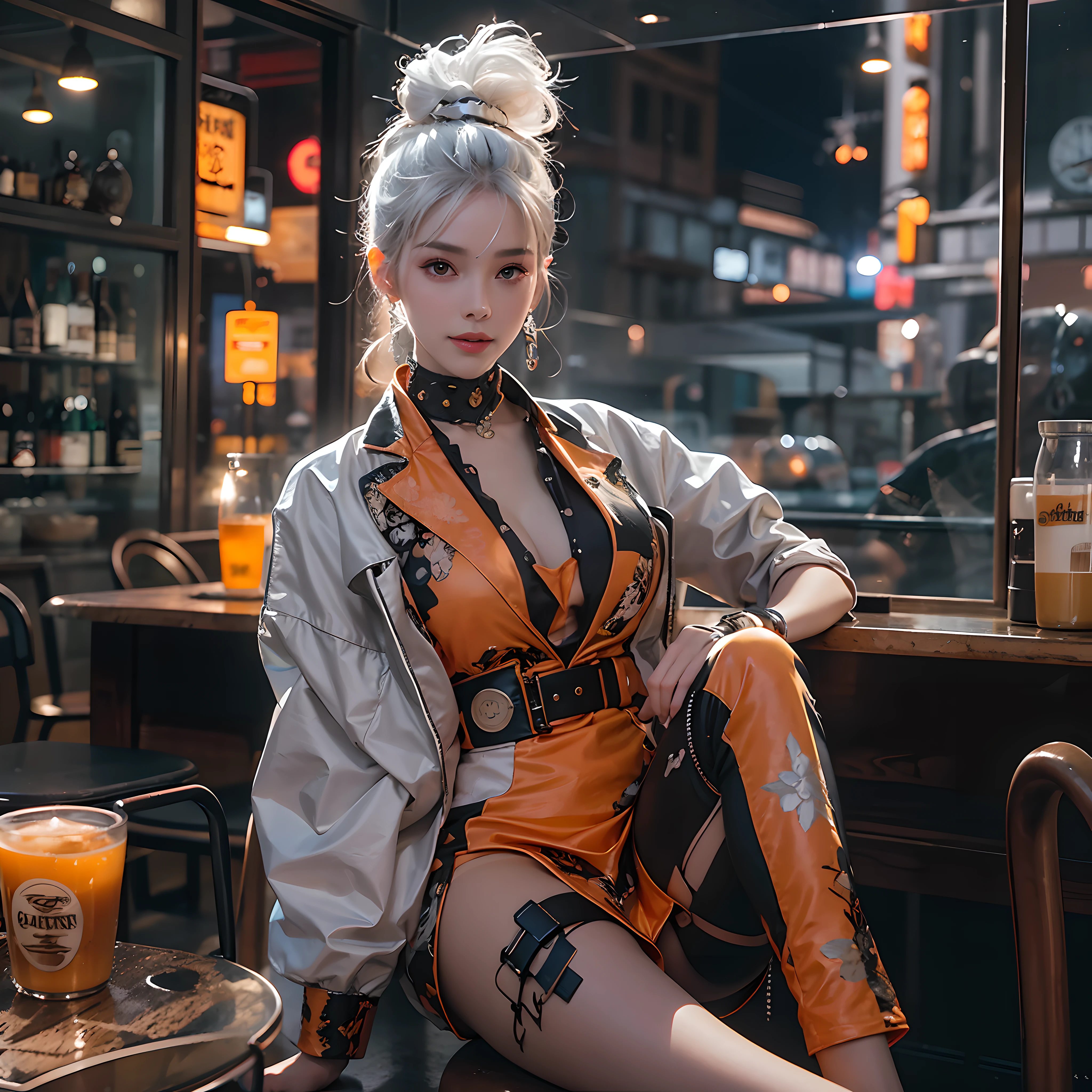 Best quality，tmasterpiece，Ultra-high resolution fills the picture，Indoor at night，Cafe in the sky,Orange color scheme for the café,There was coffee and wine,the night,inside in room，Orange neon color scheme,Silver-white hair，Black fashion clothing，Orange and black matching outfits,boxer，Cafe beautiful girl，cyberpunk backgrouns,The background is colorful，Lateral face，Smiling，Various laid-back poses，Perfect makeup，Love eyes，8K quality，cyber punk perssonage，sense of science and technology，Character backlighting，rim-light，Movement changes，Flowing hairstyle，Loose hairstyle,The number of fingers is refined，The most beautiful girl in mankind，Wear a headband，Wear delicate accessories,Delicate close-up of the face，Realistic image quality，Super light and shadow，Very good figure，Meticulous，Have a cup or coffee on the roof in the evening，Very good figure，Raised sexy,luminous,Cool，Very stylish café