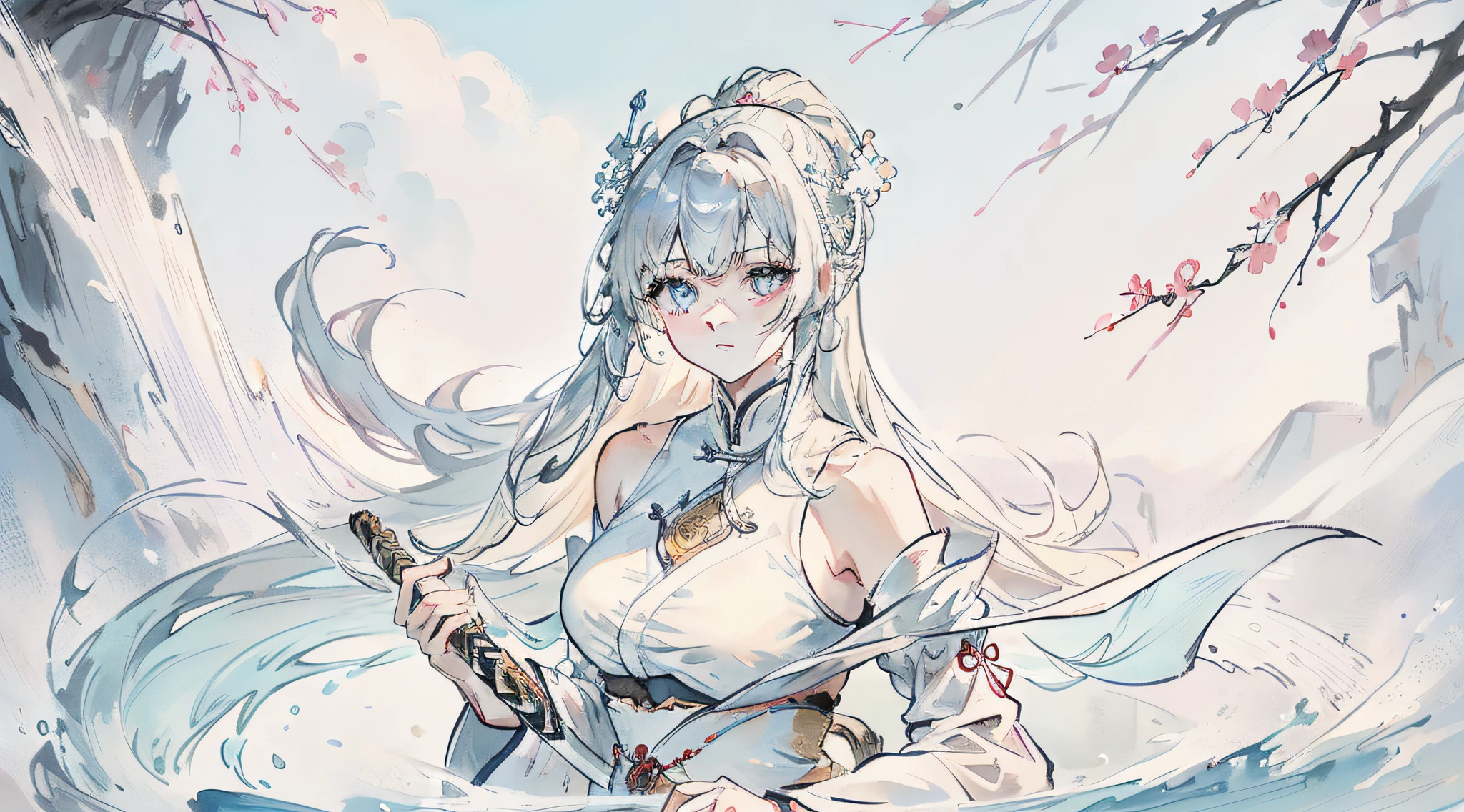 a close up of a woman with a sword in a white dress, a character portrait by Yang J, trending on cgsociety, fantasy art, beautiful character painting, artwork in the style of guweiz, guweiz, white hanfu, flowing white robes, full body wuxia, epic exquisite character art, stunning character art, beautiful female assassin