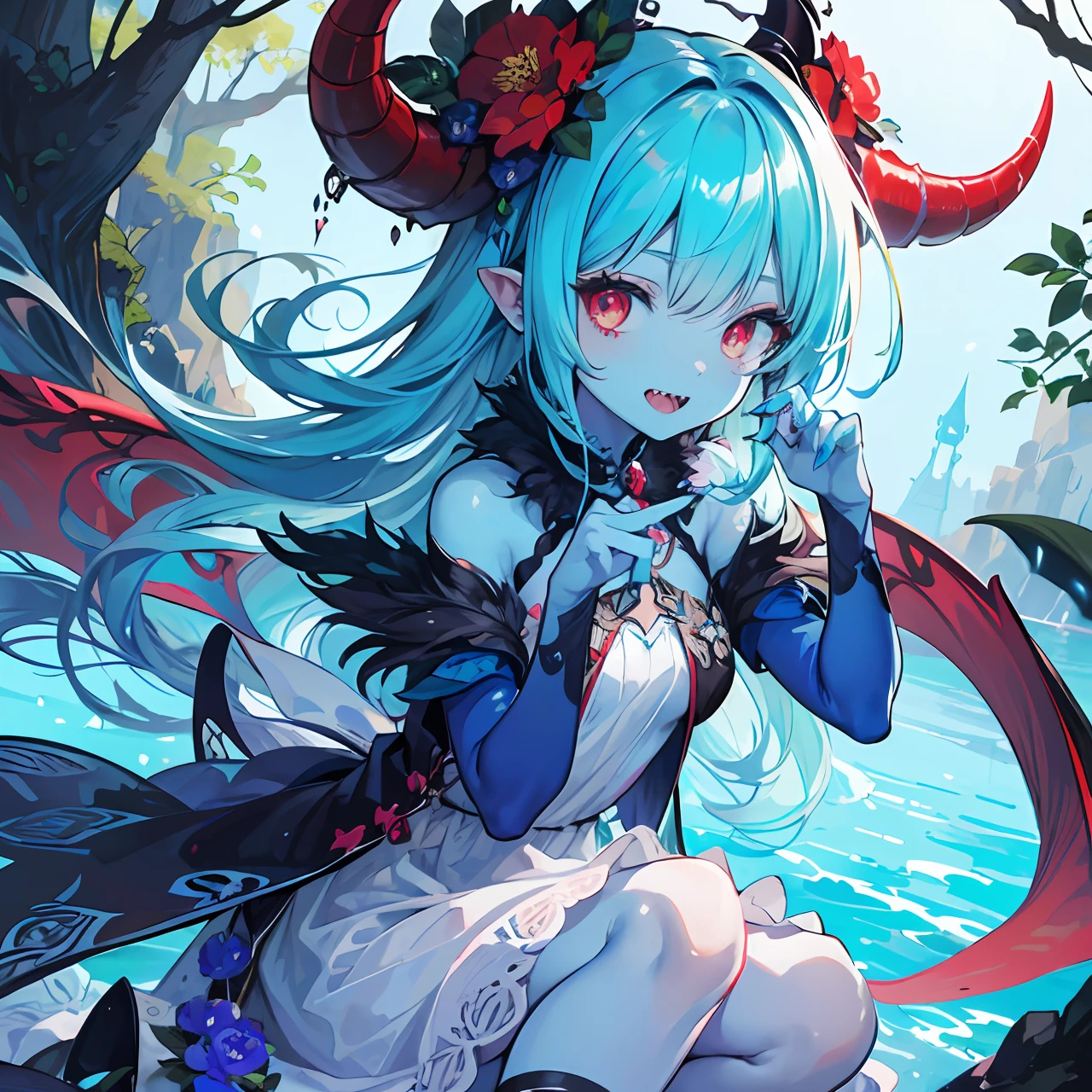 Cute tiny demon girl, (Turquoise blue skin), in cute summer dress with flowers pattern, flower in her hairs, red claws on her fingers, sharp teeth, (red scales scales), looking to viewer from ground, in beautiful park, [[close-up]], fantasy atmosphere, detailed background, rich color palette, trending on Pixiv, 4k