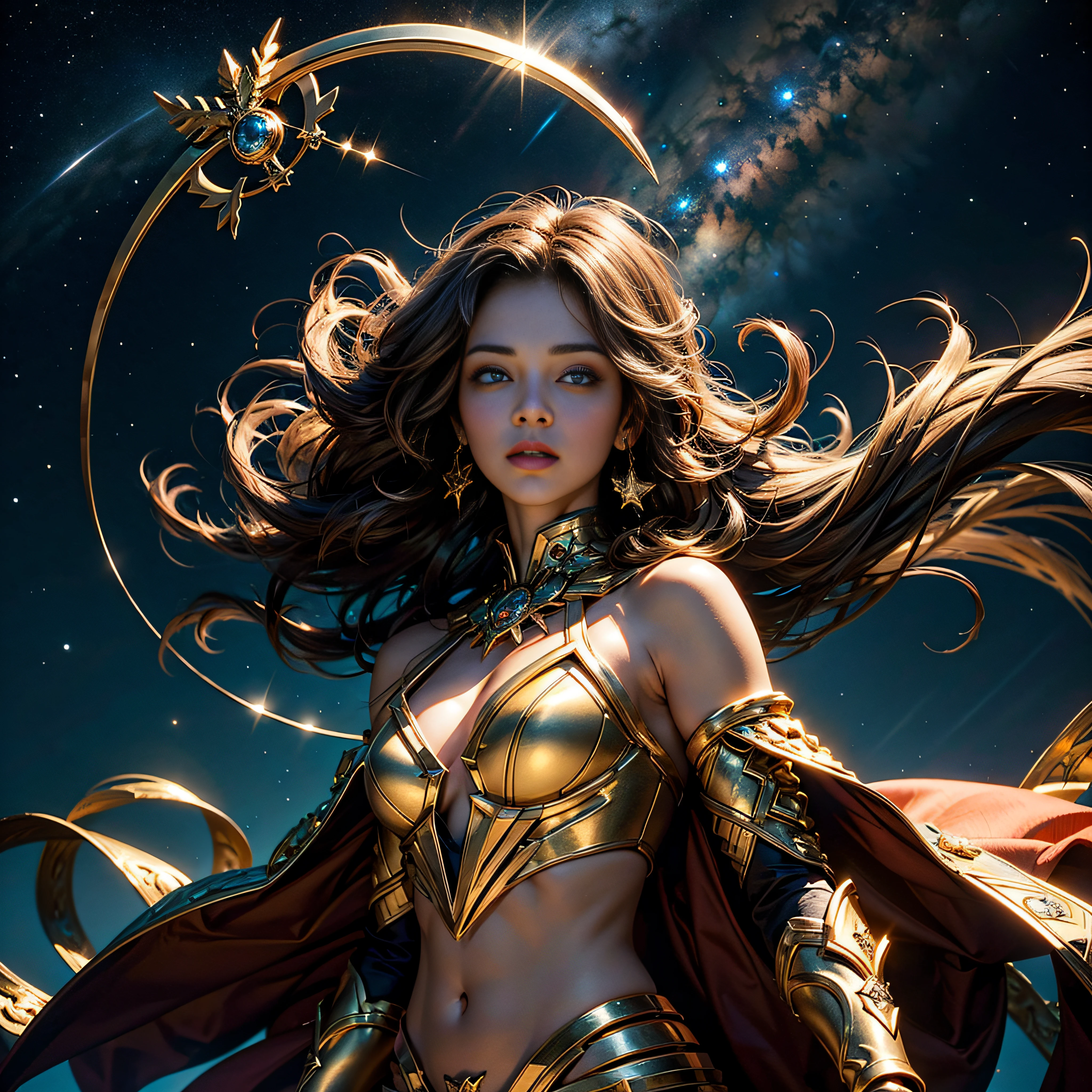 Sagittarius，Magical golden Sagittarius astrolabe，Sagittarius image, demihuman, half horse，((Charming Sagittarius female character:1.2),(Sagittarius symbol:1.1),starryskybackground,The stars twinkle,A sense of mystery,Cosmic elements,Majestic and deep atmosphere,Gorgeous decorative details,mesmerizing eyes,long hair flowing,starlight embellishment,dream colors)