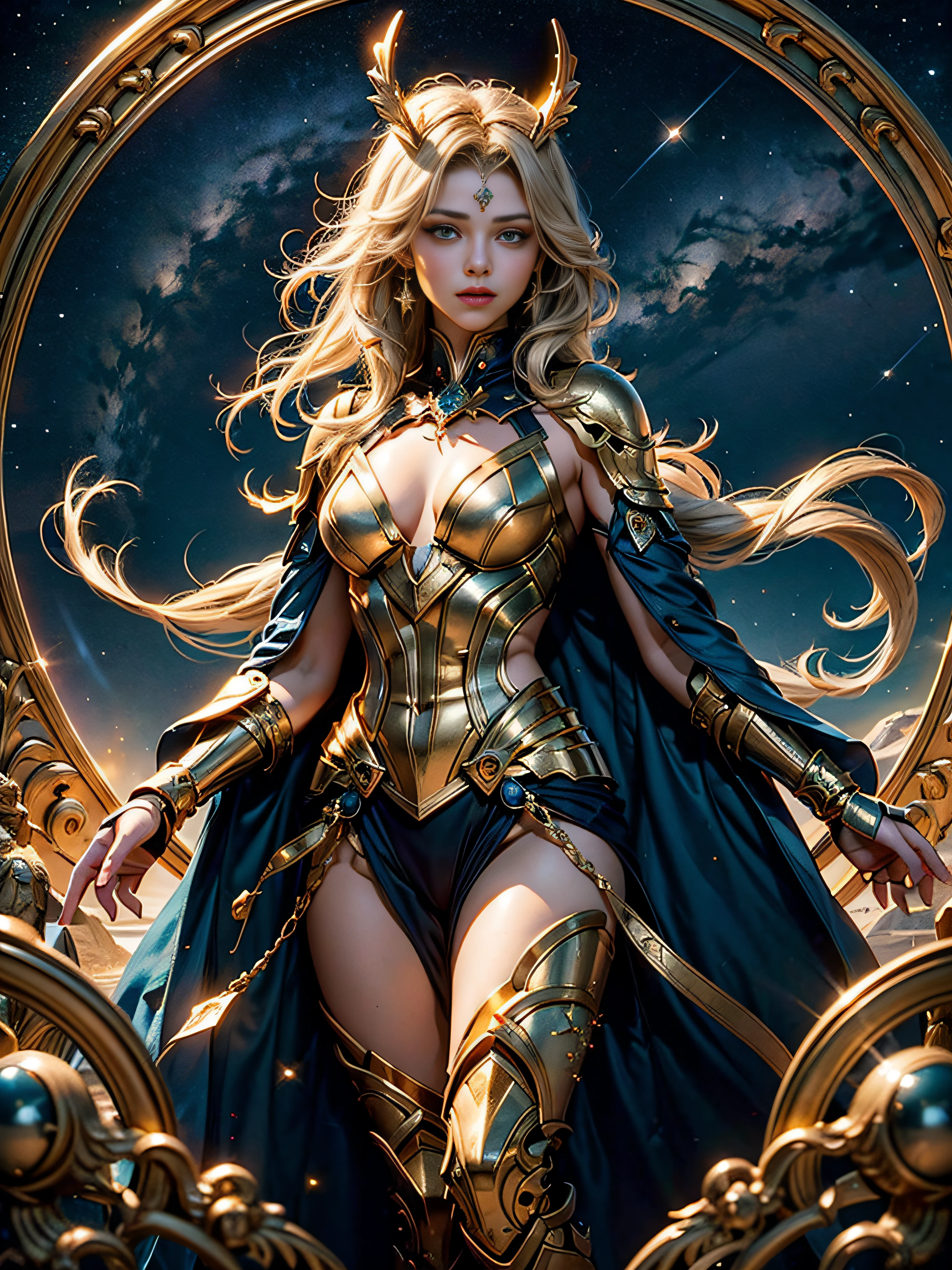 Sagittarius，Magical golden Sagittarius astrolabe，Sagittarius image, demihuman, half horse，((Charming Sagittarius female character:1.2),(Sagittarius symbol:1.1),starryskybackground,The stars twinkle,A sense of mystery,Cosmic elements,Majestic and deep atmosphere,Gorgeous decorative details,mesmerizing eyes,long hair flowing,starlight embellishment,dream colors)