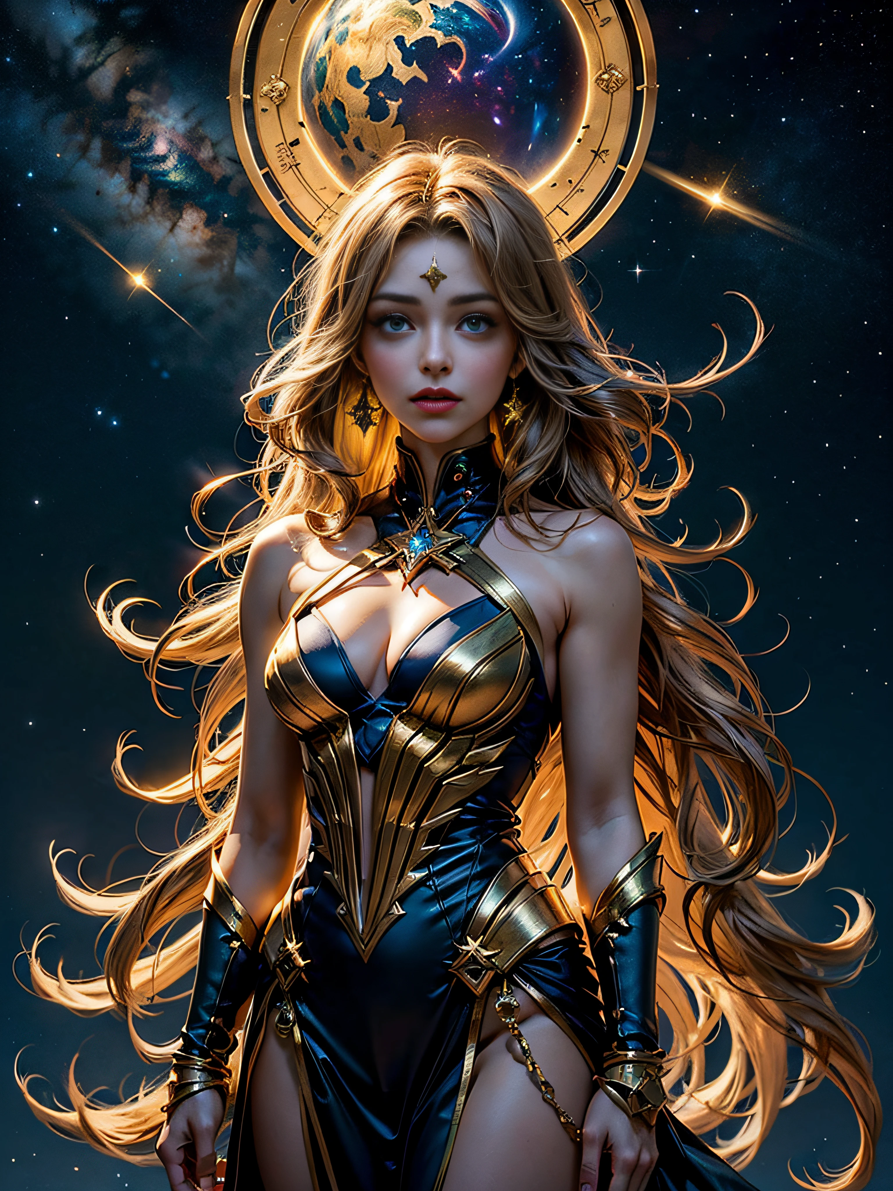 Sagittarius,Magical golden Sagittarius astrolabe,Sagittarius image, demihuman, half horse,((Charming Sagittarius female character:1.2),(Sagittarius symbol:1.1),starryskybackground,The stars twinkle,A sense of mystery,Cosmic elements,Majestic and deep atmosphere,Gorgeous decorative details,mesmerizing eyes,long hair flowing,starlight embellishment,dream colors)