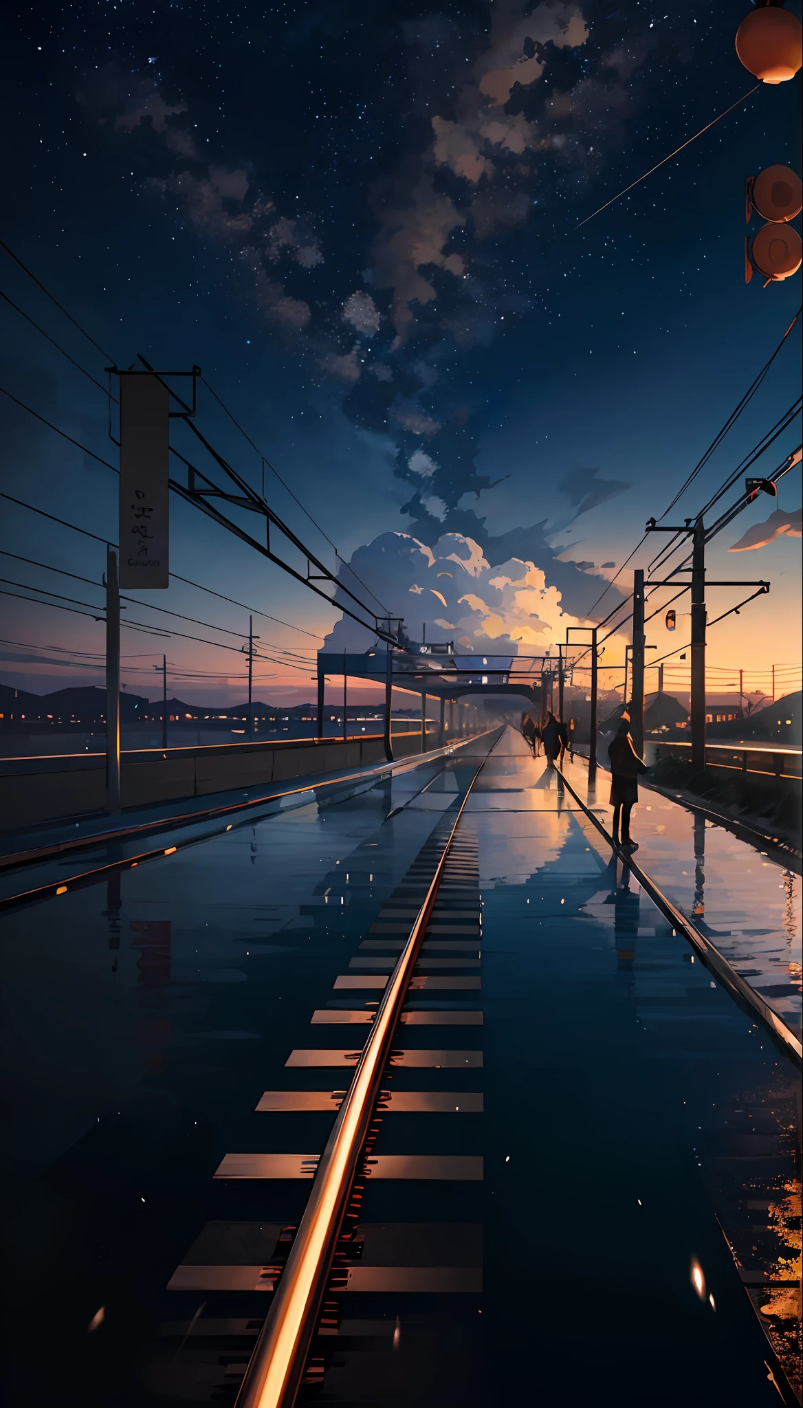 Masterpiece, anime train passing through bodies of water on tracks, bright starry sky. Romantic train, Makoto Shinkai's picture, pixiv, concept art, lofi art style, reflection. by Makoto Shinkai, lofi art, Beautiful anime scene, Anime landscape, detailed scenery —width 672, in style of Makoto shinkai, style of Makoto shinkai, enhanced details.
