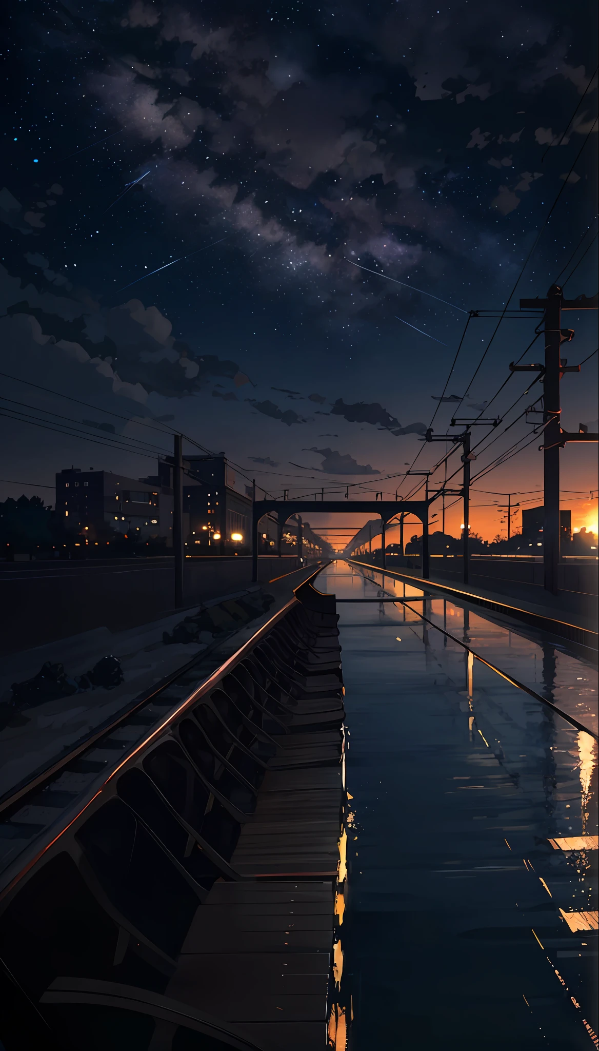 Masterpiece, anime train passing through bodies of water on tracks, bright starry sky. Romantic train, Makoto Shinkai's picture, pixiv, concept art, lofi art style, reflection. by Makoto Shinkai, lofi art, Beautiful anime scene, Anime landscape, detailed scenery —width 672, in style of Makoto shinkai, style of Makoto shinkai, enhanced details.