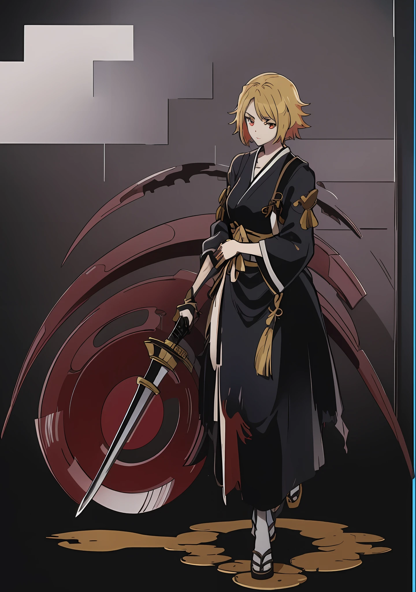 Anime character standing in front of blue background with a huge black scythe, Female protagonist 👀 :8, She was holding a huge scythe, Best anime 4k konachan wallpaper, Female protagonist, Katana Zero video game character, style of duelyst, she is holding a katana sword,Girl with a scythe，Handsome，Golden hair，Straight hair reaches the shoulders，short detailed hair，red color eyes，Japanese-style hakama，komono，Battle damage，Short hit，black kimono，Huge scythe，Girl with a scythe，Handsome，pale-blonde hair，Straight hair that reaches the shoulders，short detailed hair，red color eyes，Japanese-style hakama，Scythe of Death