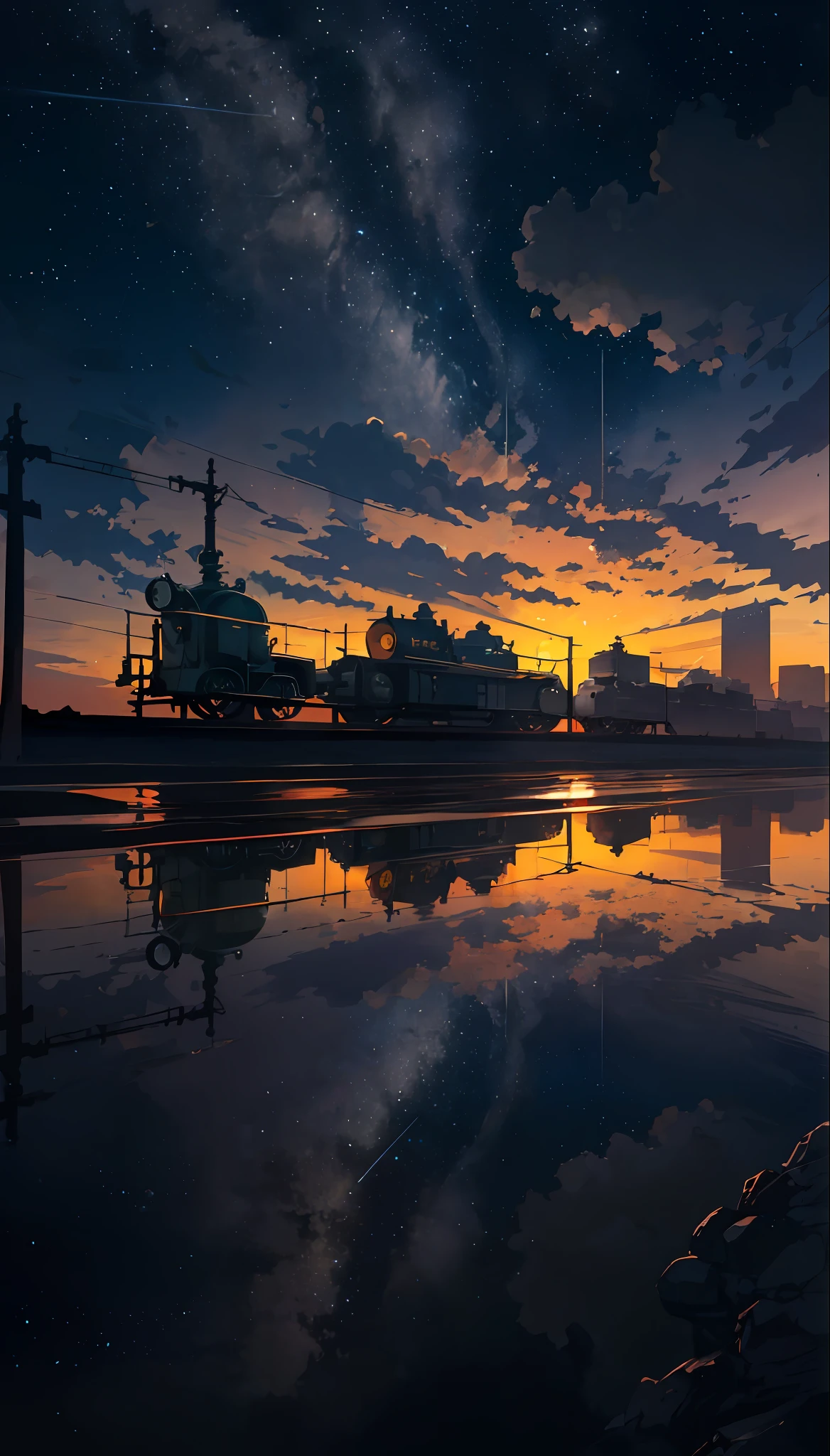 Masterpiece, anime train passing through bodies of water on tracks, bright starry sky. Romantic train, Makoto Shinkai's picture, pixiv, concept art, lofi art style, reflection. by Makoto Shinkai, lofi art, Beautiful anime scene, Anime landscape, detailed scenery —width 672, in style of Makoto shinkai, style of Makoto shinkai, enhanced details.