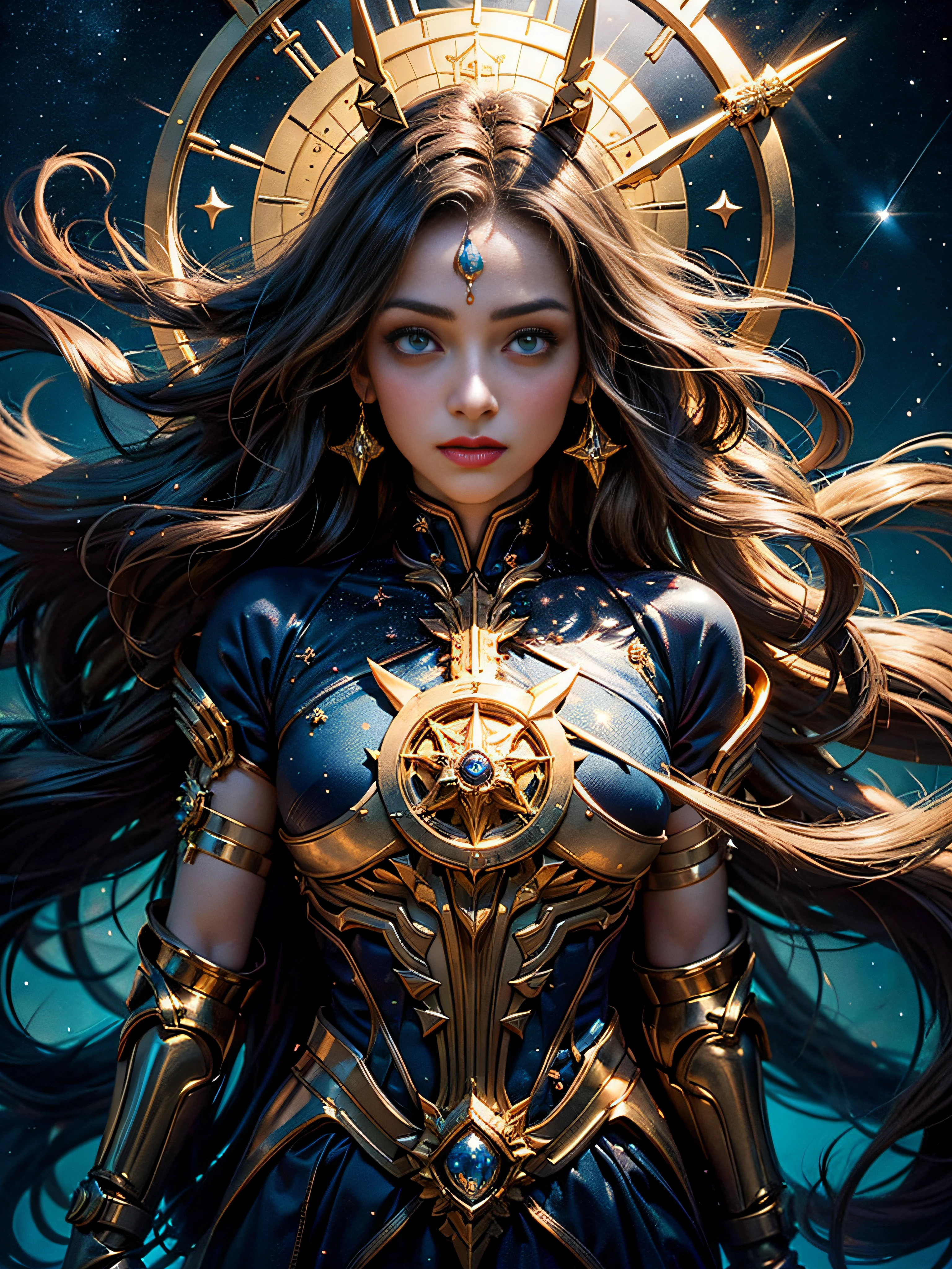 Sagittarius,Magical golden Sagittarius astrolabe,Sagittarius image, (Half man, half horse),((Charming Sagittarius female character:1.2),(Sagittarius symbol:1.1),starryskybackground,The stars twinkle,A sense of mystery,Cosmic elements,Majestic and deep atmosphere,Gorgeous decorative details,mesmerizing eyes,long hair flowing,starlight embellishment,dream colors)