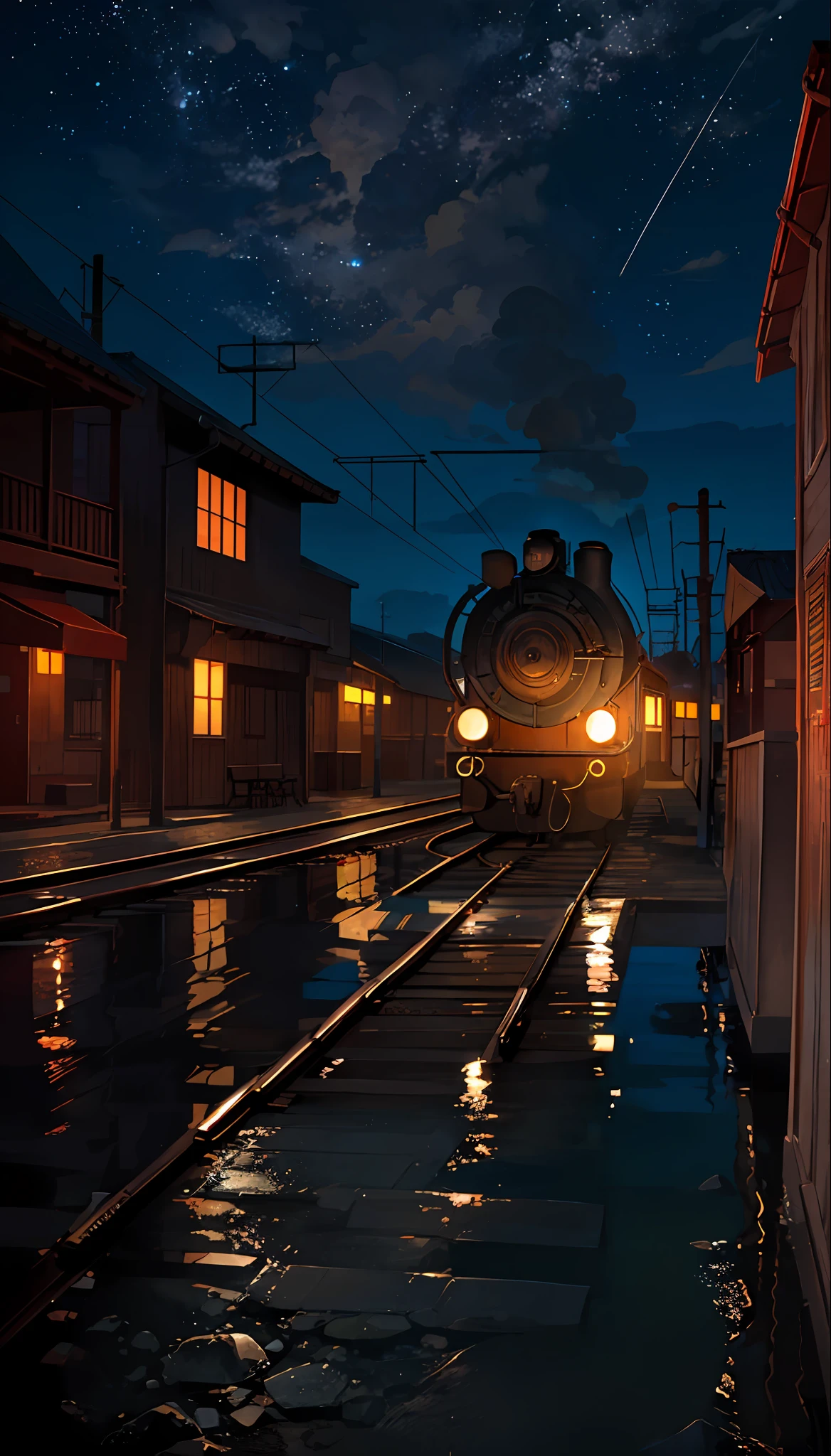 Masterpiece, anime train passing through bodies of water on tracks, bright starry sky. Romantic train, Makoto Shinkai's picture, pixiv, concept art, lofi art style, reflection. by Makoto Shinkai, lofi art, Beautiful anime scene, Anime landscape, detailed scenery —width 672, in style of Makoto shinkai, style of Makoto shinkai, enhanced details.