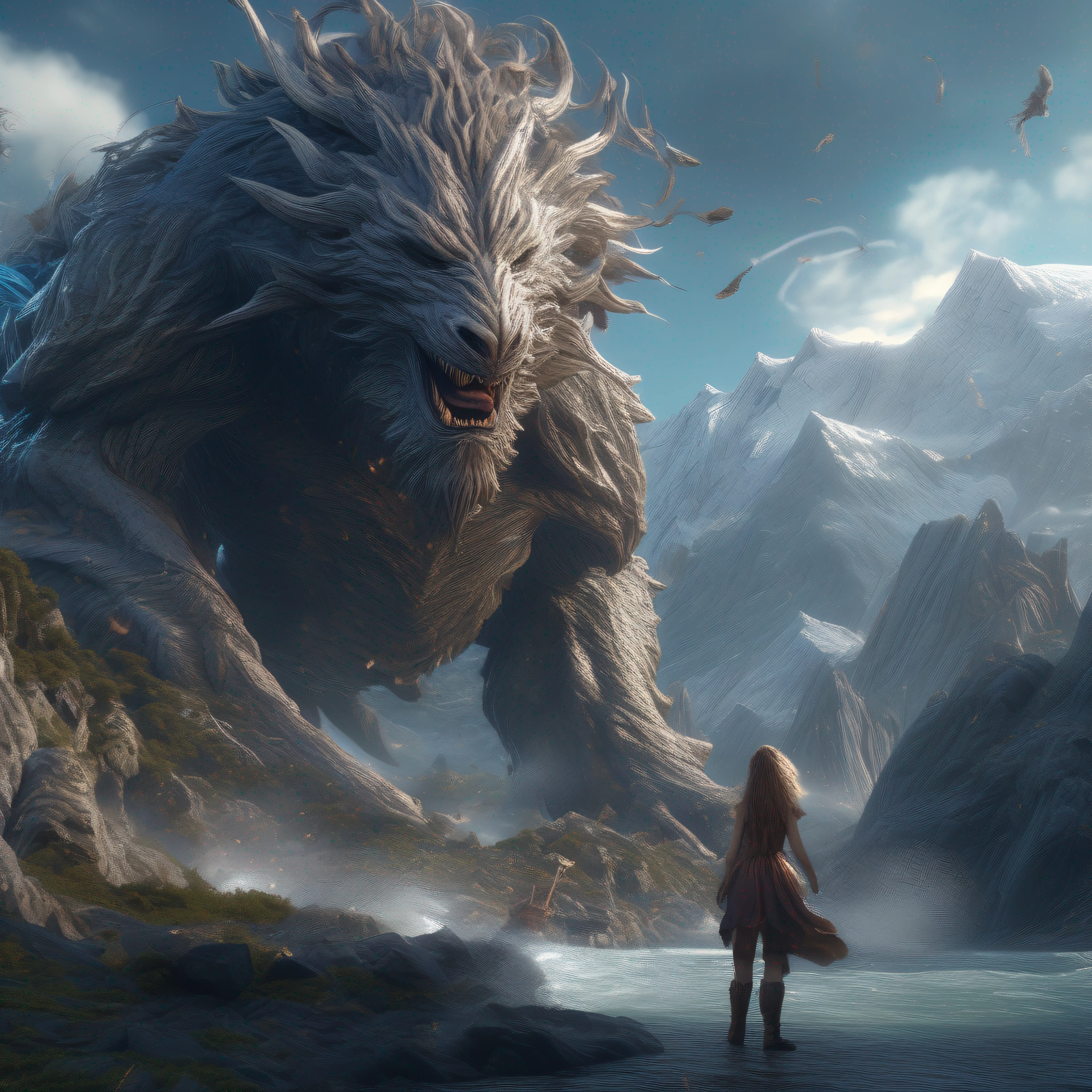 highly detailed fantasy art,Mountains and seas pass monsters,Fantasy setting,highly details,Complex design,Thick and realistic hair flying,dynamicposes,Full of imagination,particle fx,tmasterpiece,best qualtiy,Best resolution,Strong visual impact,8K