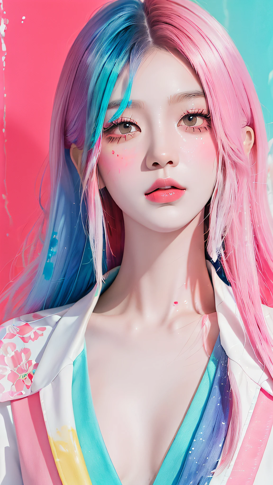 (tmasterpiece、best qualtiy、A high resolution)white backgrounid,((paint splatter、splash of color、Splash ink、Color splattering)):Sweet Chinese girl,rainbow hair,Pink lips,frontage,The upper part of the body