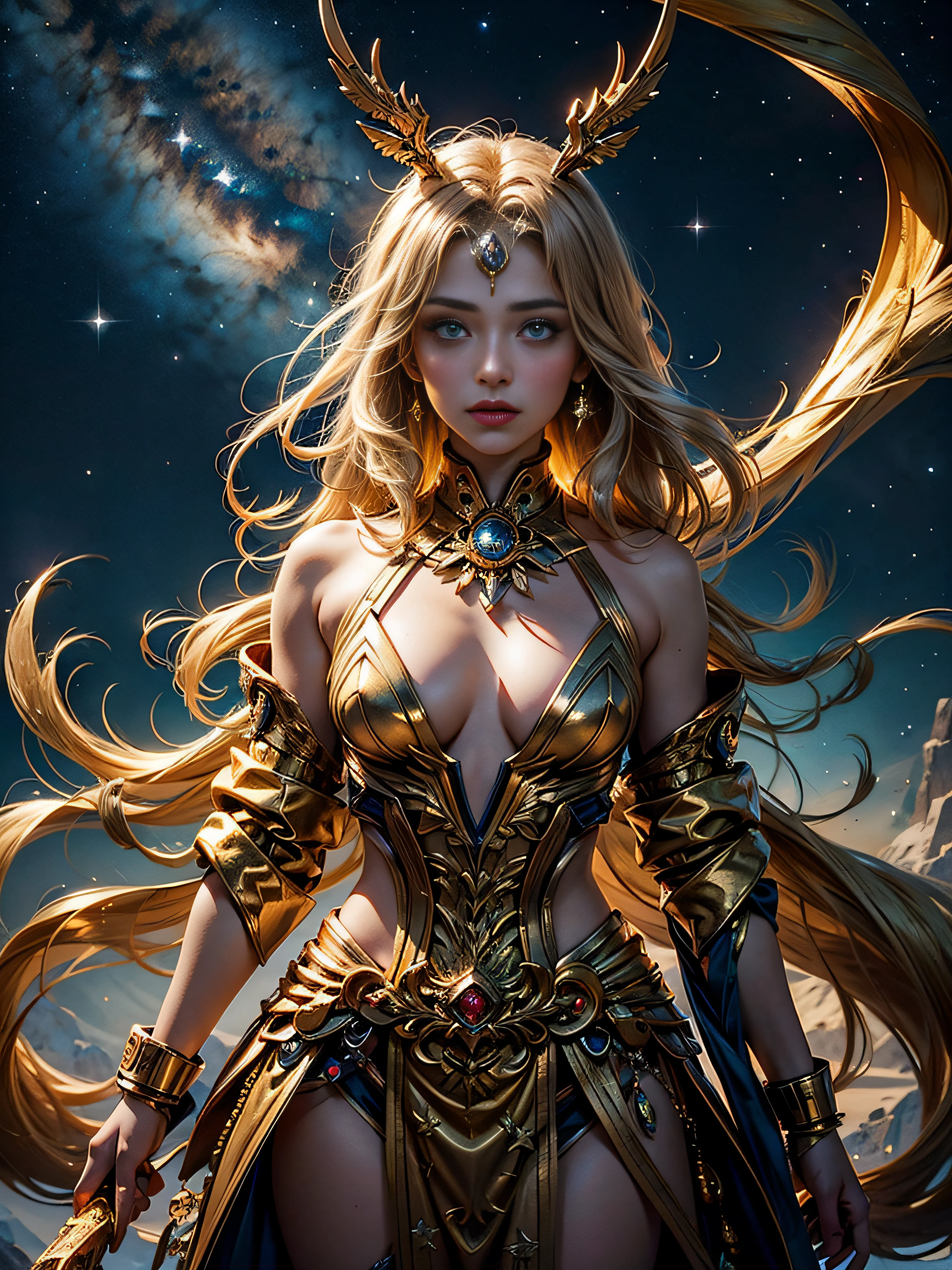 Sagittarius image,Magical golden Sagittarius astrolabe,(Half-human, half-horse image),((Charming Sagittarius female character:1.2),(Sagittarius symbol:1.1),starryskybackground,The stars twinkle,A sense of mystery,Cosmic elements,Majestic and deep atmosphere,Gorgeous decorative details,mesmerizing eyes,long hair flowing,starlight embellishment,dream colors)