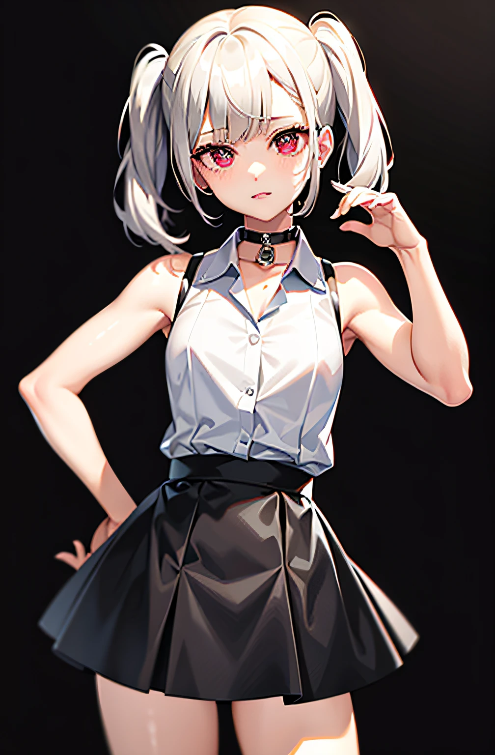 best quality, ultra high res, 1girl, sleeveless white button shirt, black skirt, black choker, cute, (Kpop idol), (aegyo sal:1), (platinum blonde hair:1), ((puffy eyes)), looking at viewer, full body, facing front