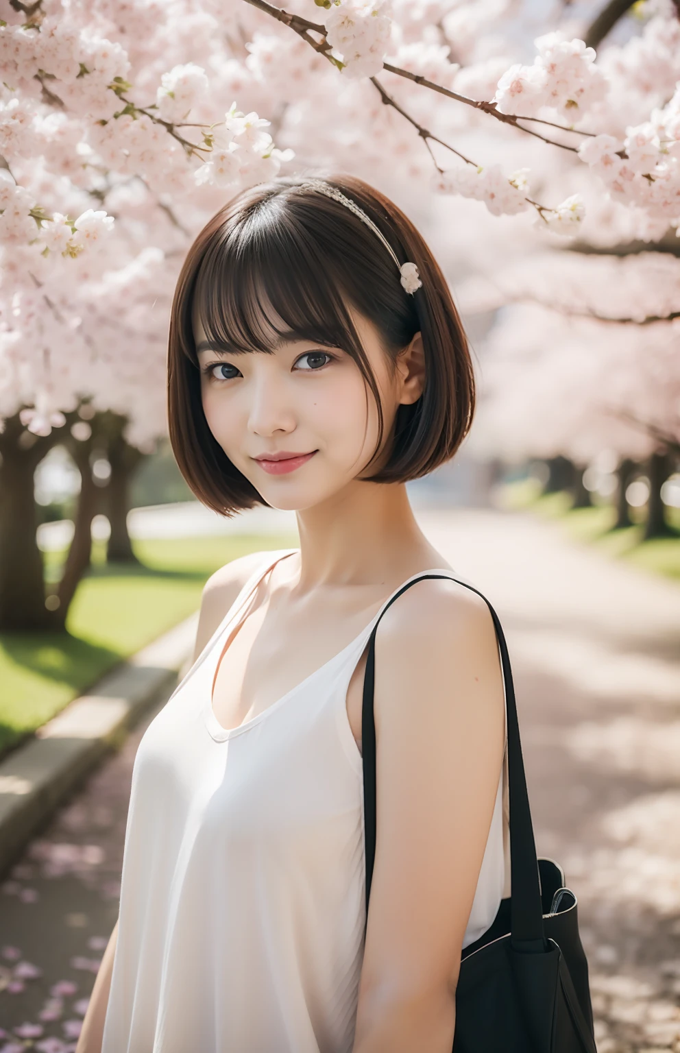 Cute Japan woman in short cut enjoying picnic under cherry blossoms in spring,Photorealsitic, highcontrast, 8K HD, detaileds, realistic skin textures, top-quality, 超A high resolution, Raw photo, summer day,(in 8K, RAW Photos, Top image quality, masterpiece), Real Photoreal, Very meticulously,Photorealsitic,